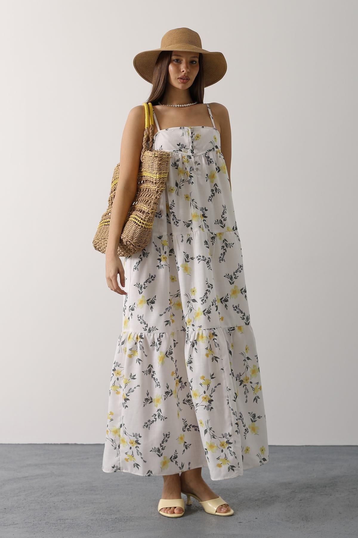 Wholesale Women's Yellow Floral Empire-Waist Tiered Maxi Sundress 0061-35505