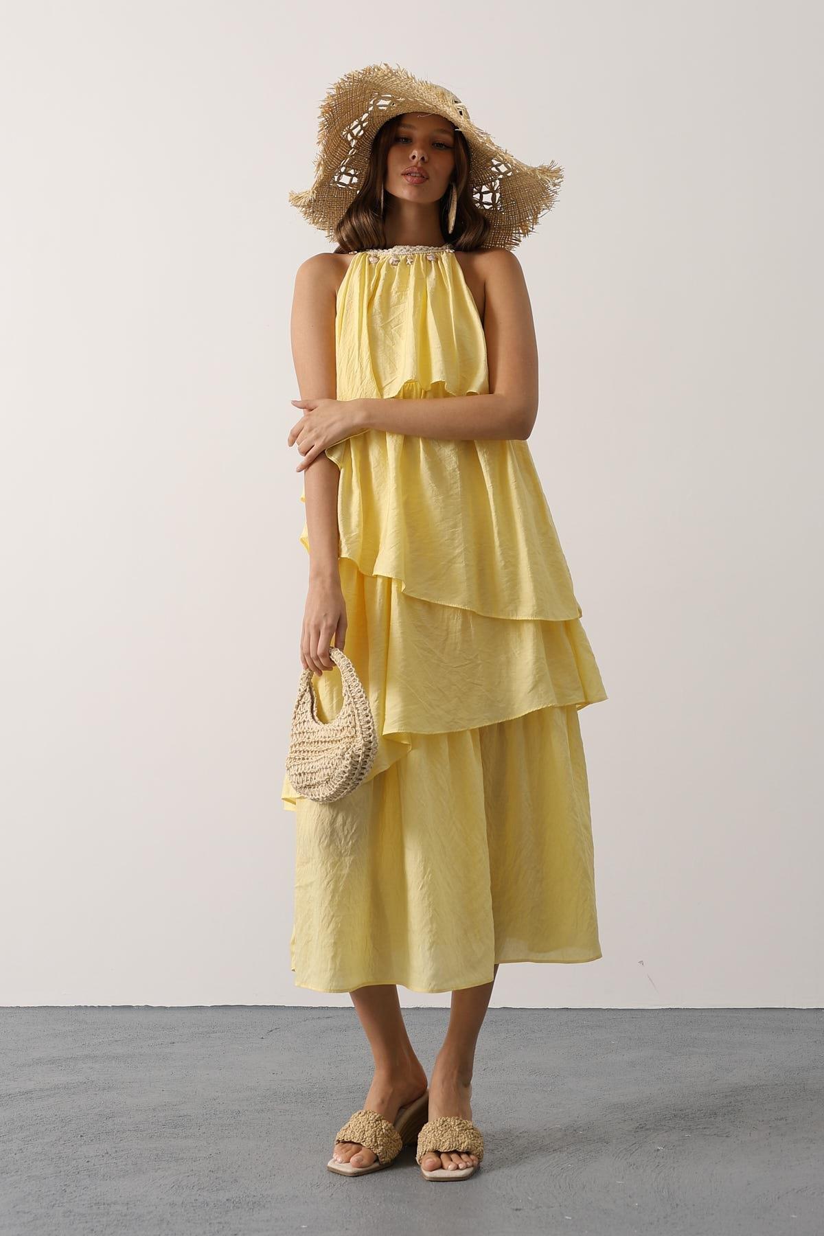 Wholesale Women's Yellow Sleeveless Layered Dress with Collar Detail 0061-35499