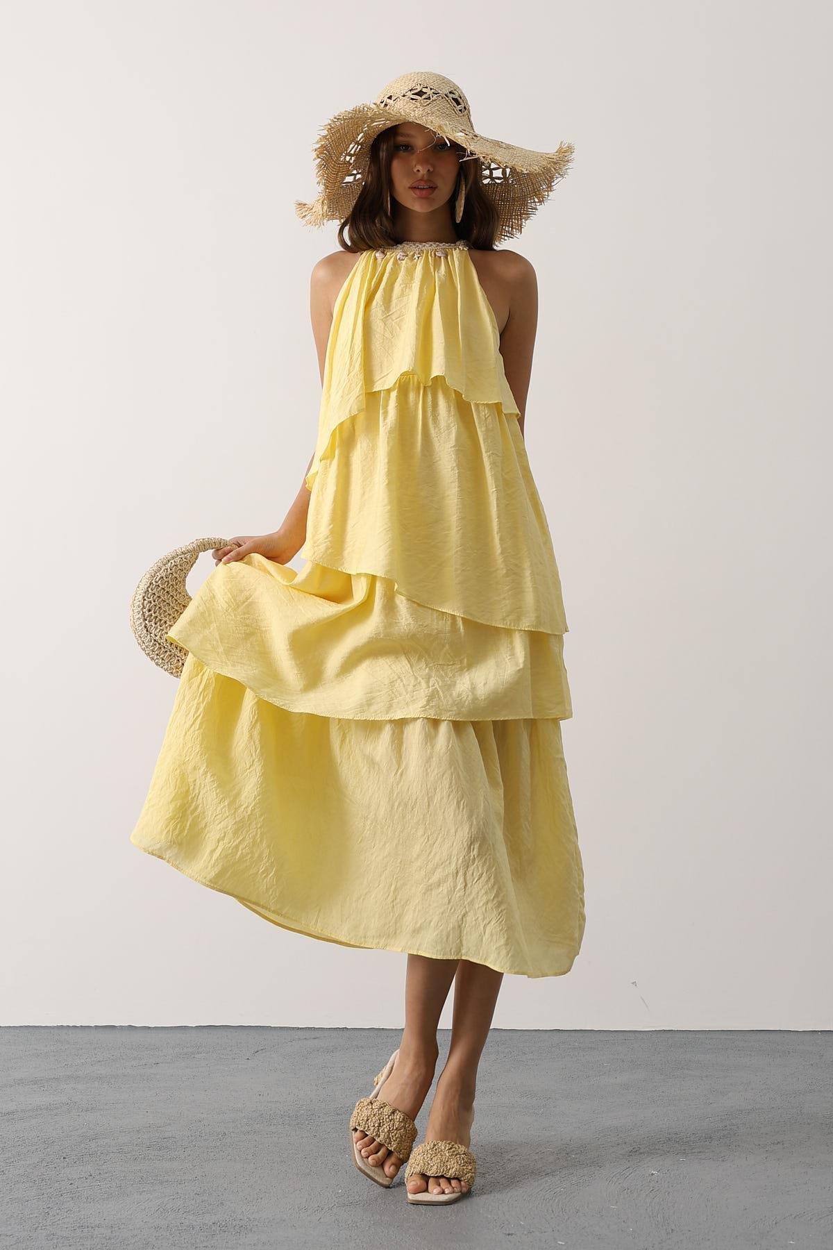 Wholesale Women's Yellow Sleeveless Layered Dress with Collar Detail 0061-35499