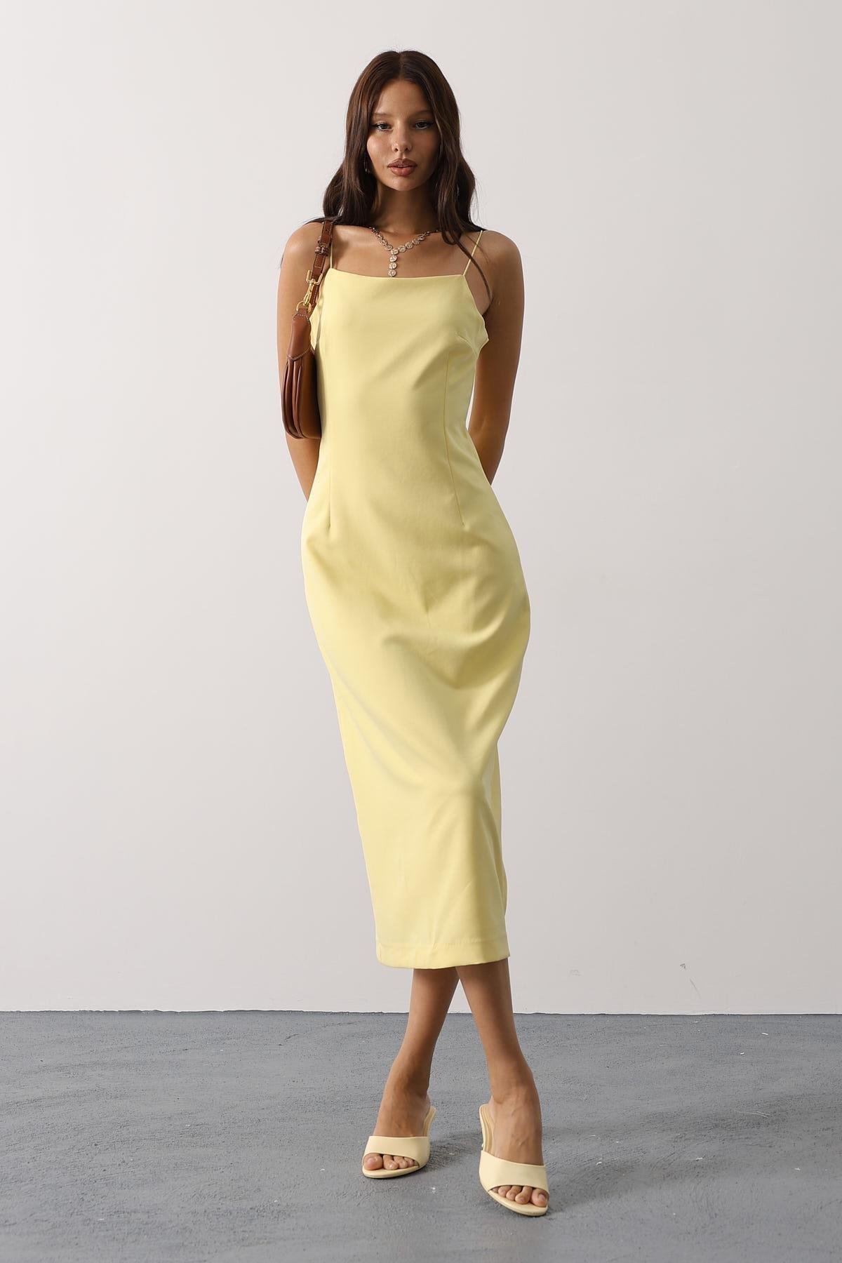 Wholesale Women's Yellow Strappy Midi Dress 0061-35204