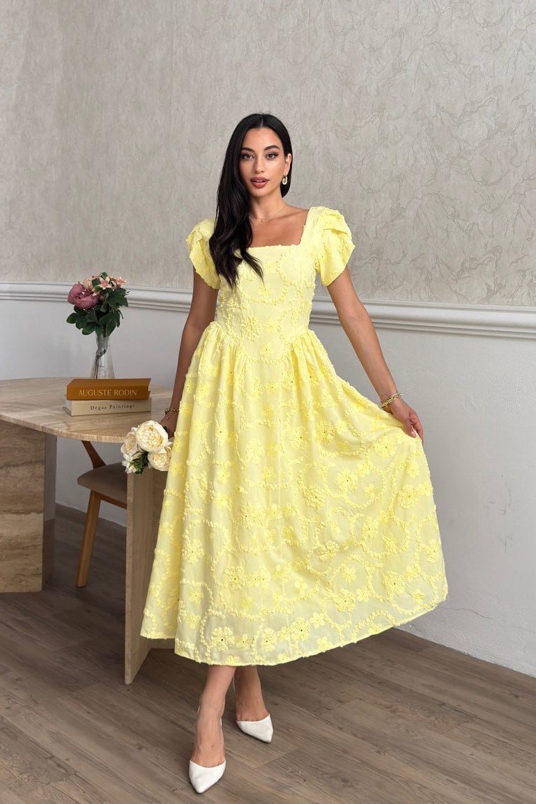 Wholesale Yellow Embroidered Dress 0034-3179