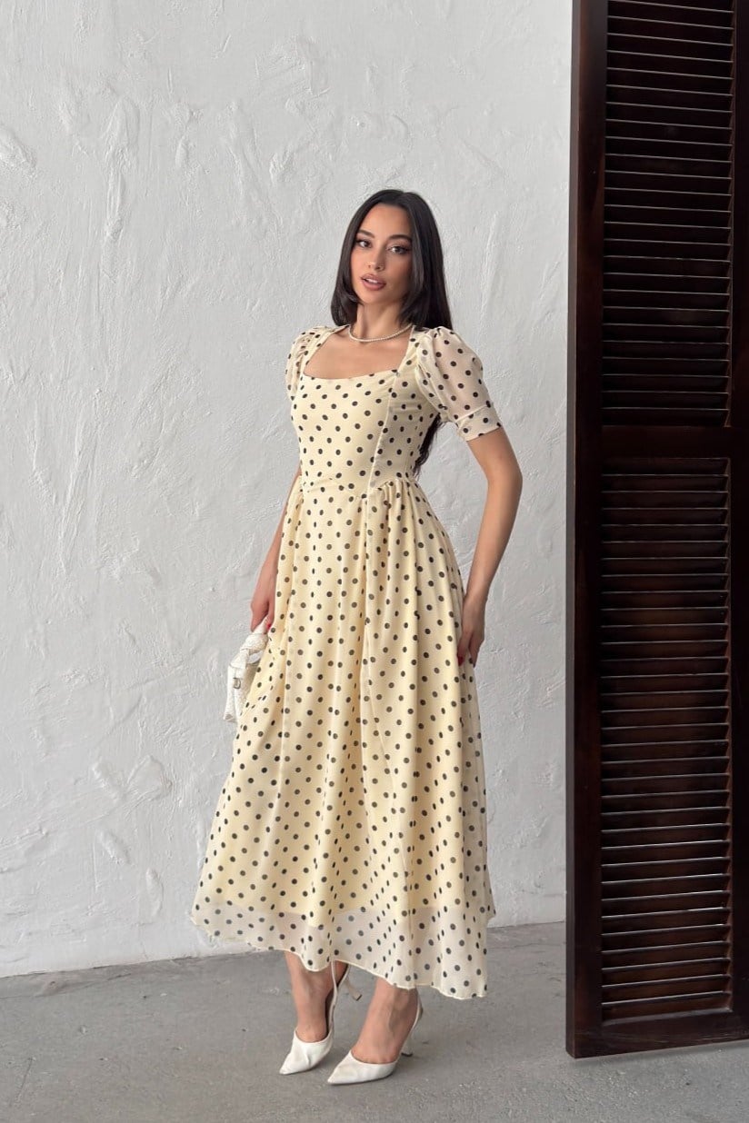 Wholesale Yellow Polka Dot Chiffon Dress 0034-3164