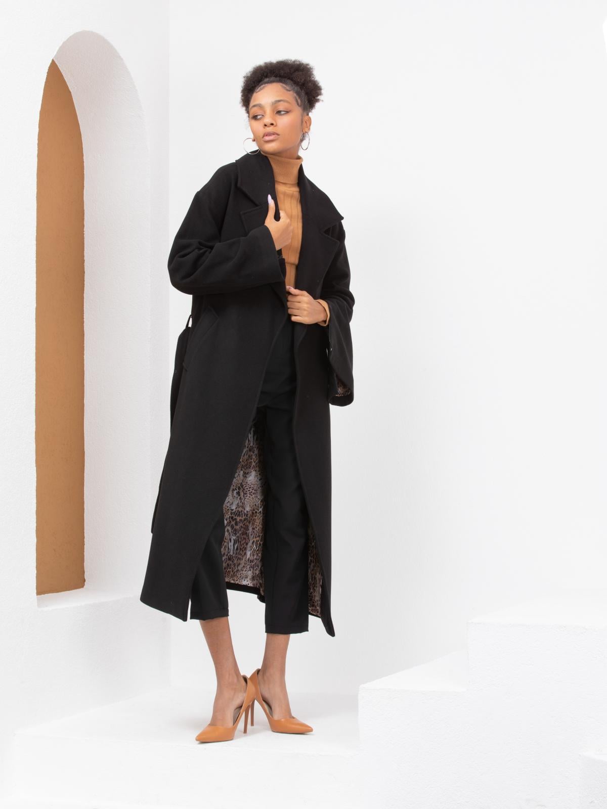 Women coat with belt wholesale Black color 669367