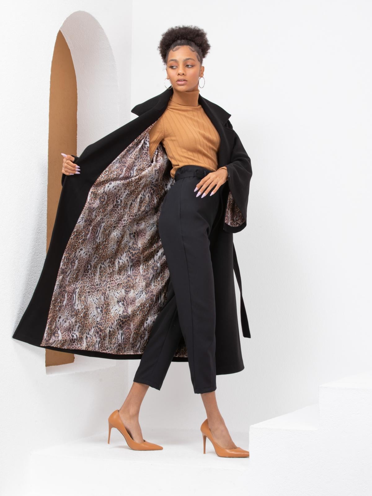 Women coat with belt wholesale Black color 669367