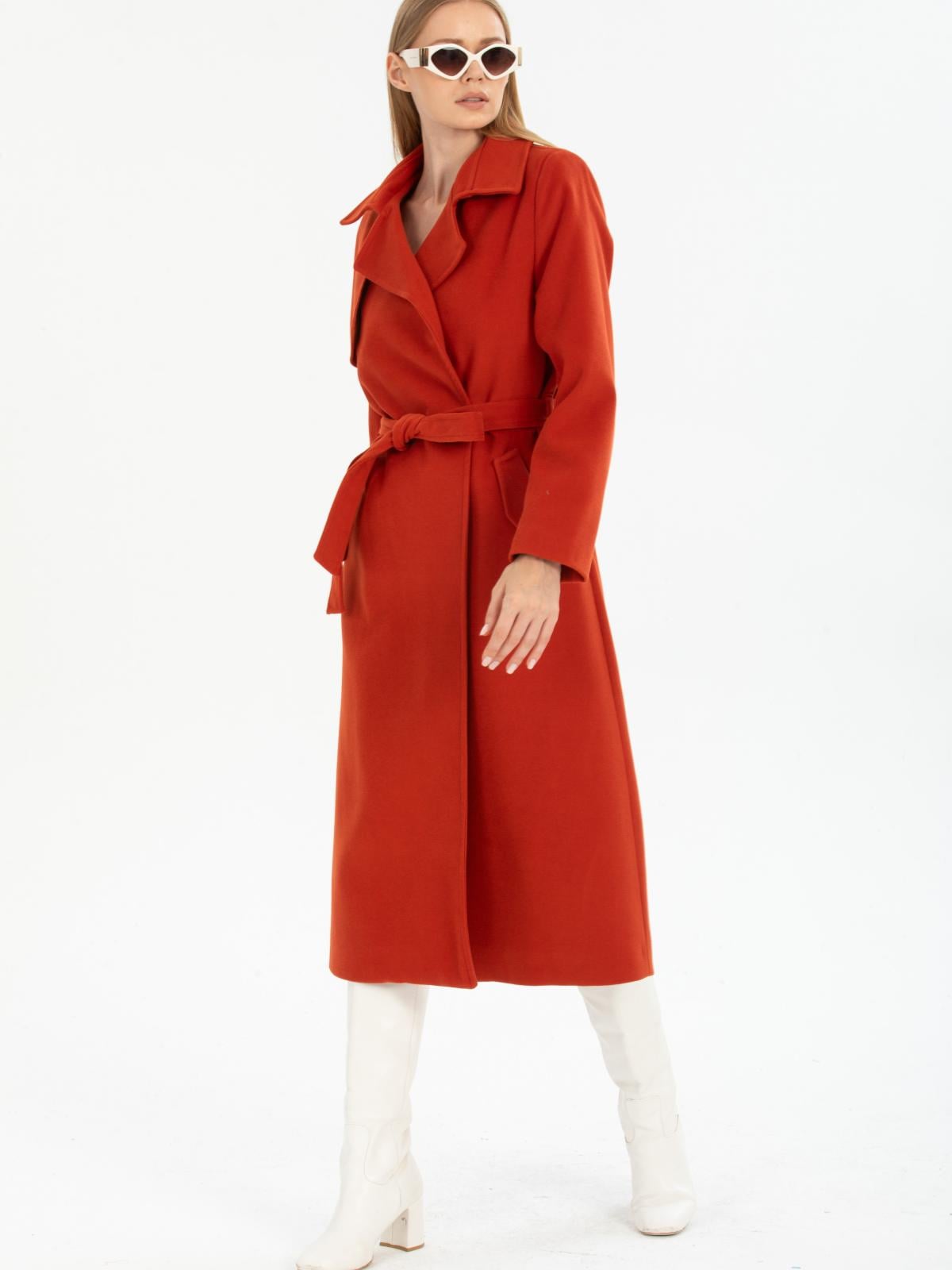 Women coat with belt wholesale Brick Red color