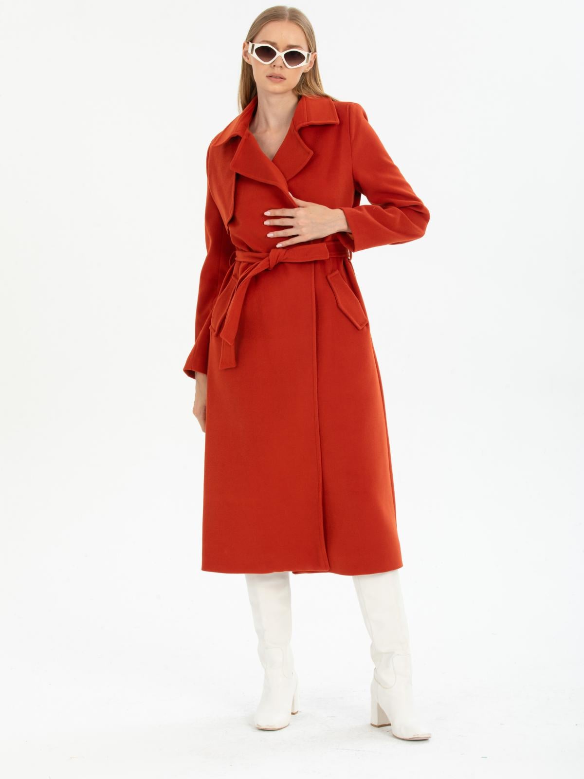 Women coat with belt wholesale Brick Red color