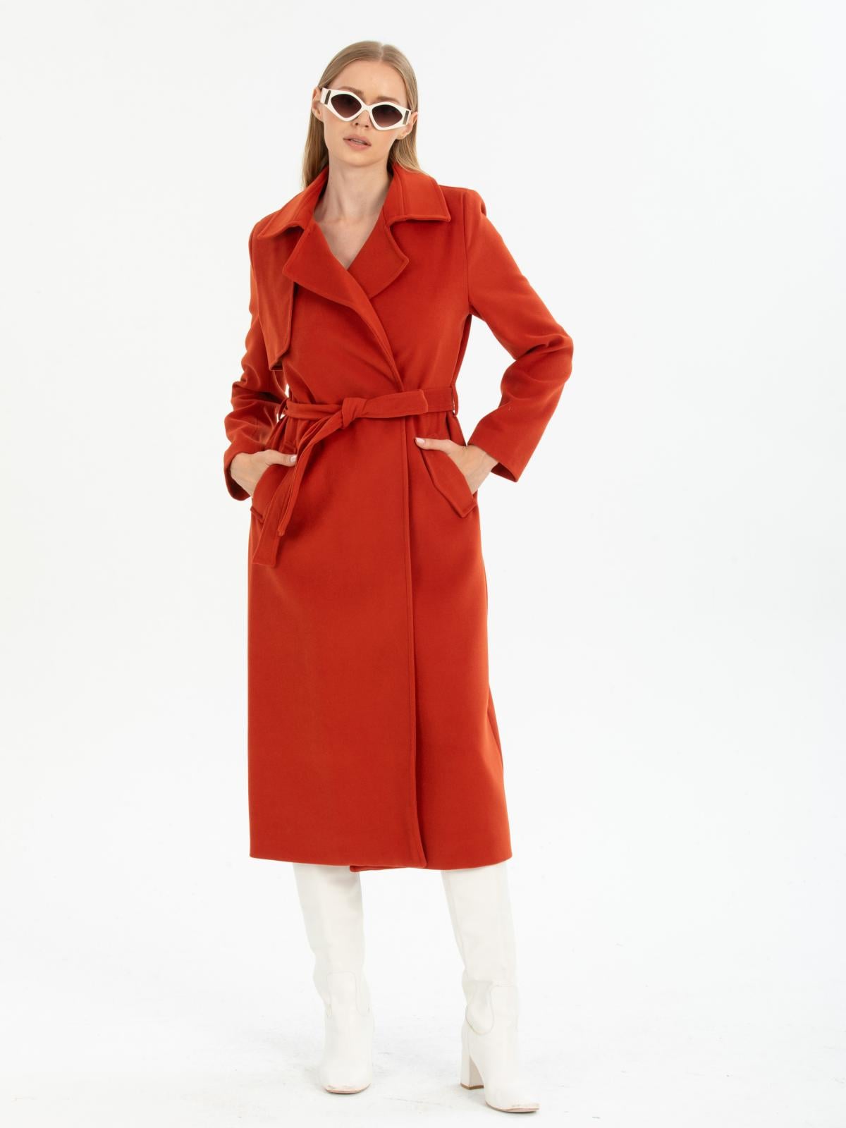 Women coat with belt wholesale Brick Red color