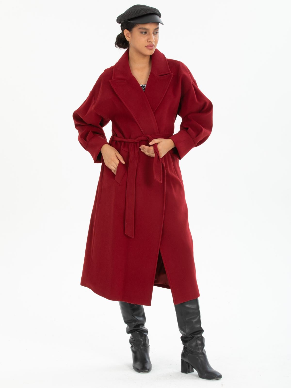 Women coat with belt wholesale Burgundy color