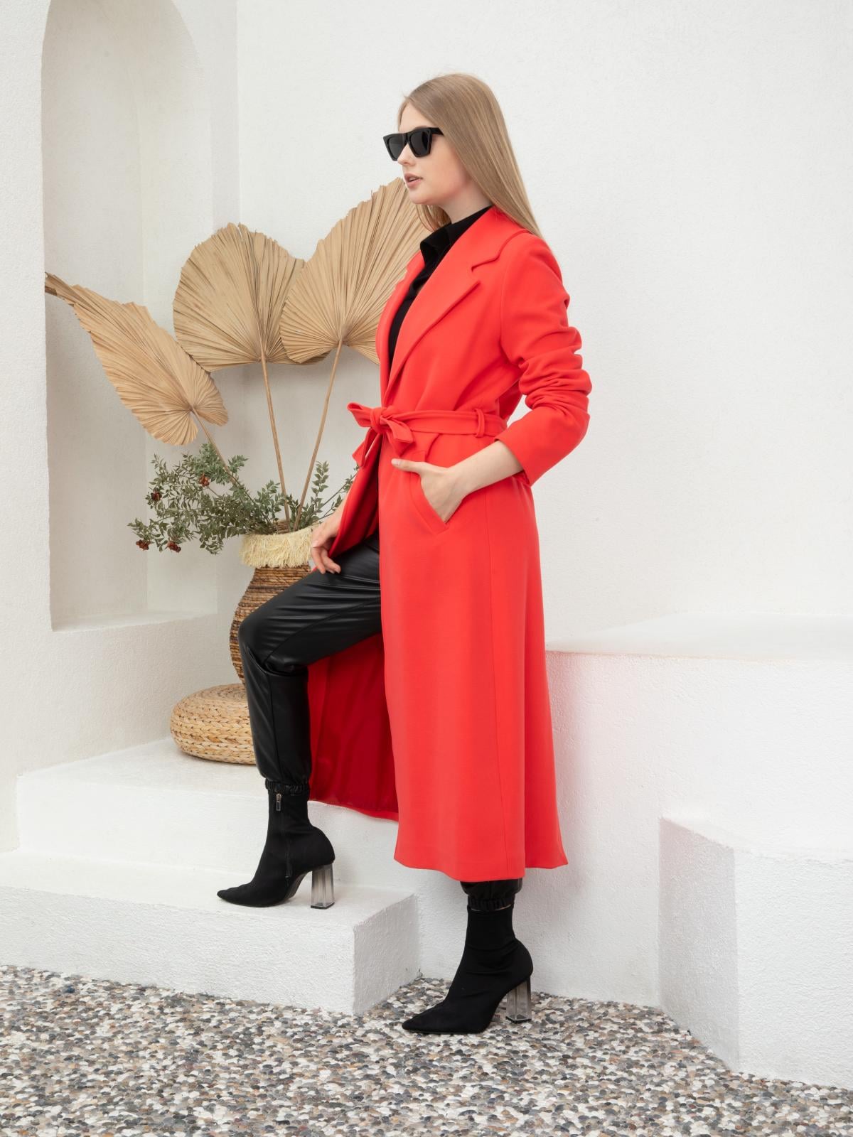 Women Coat With Belt Wholesale Coral Color