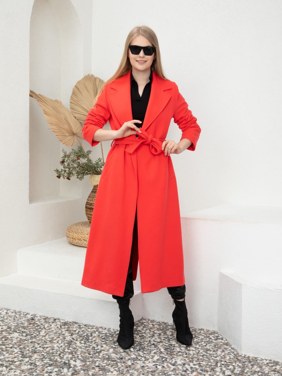 Women Coat With Belt Wholesale Coral Color