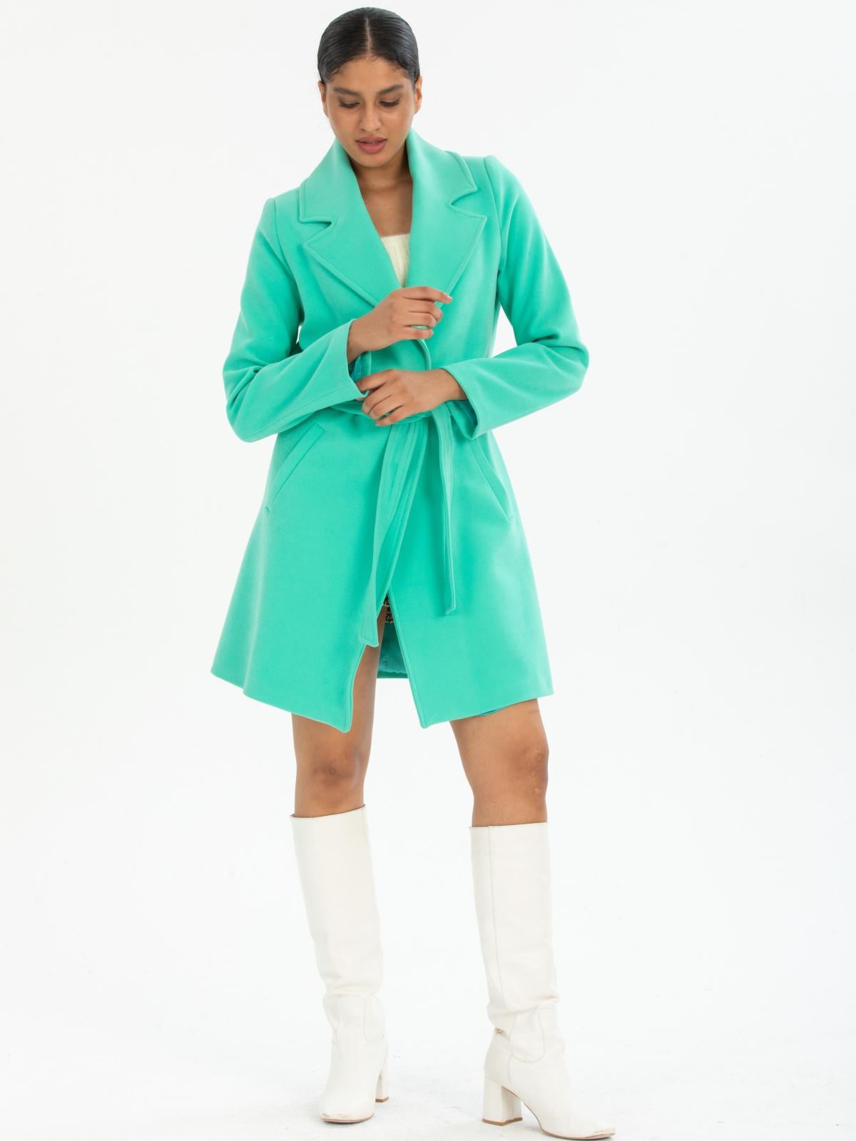 Women coat with belt wholesale Turquoise color 669518