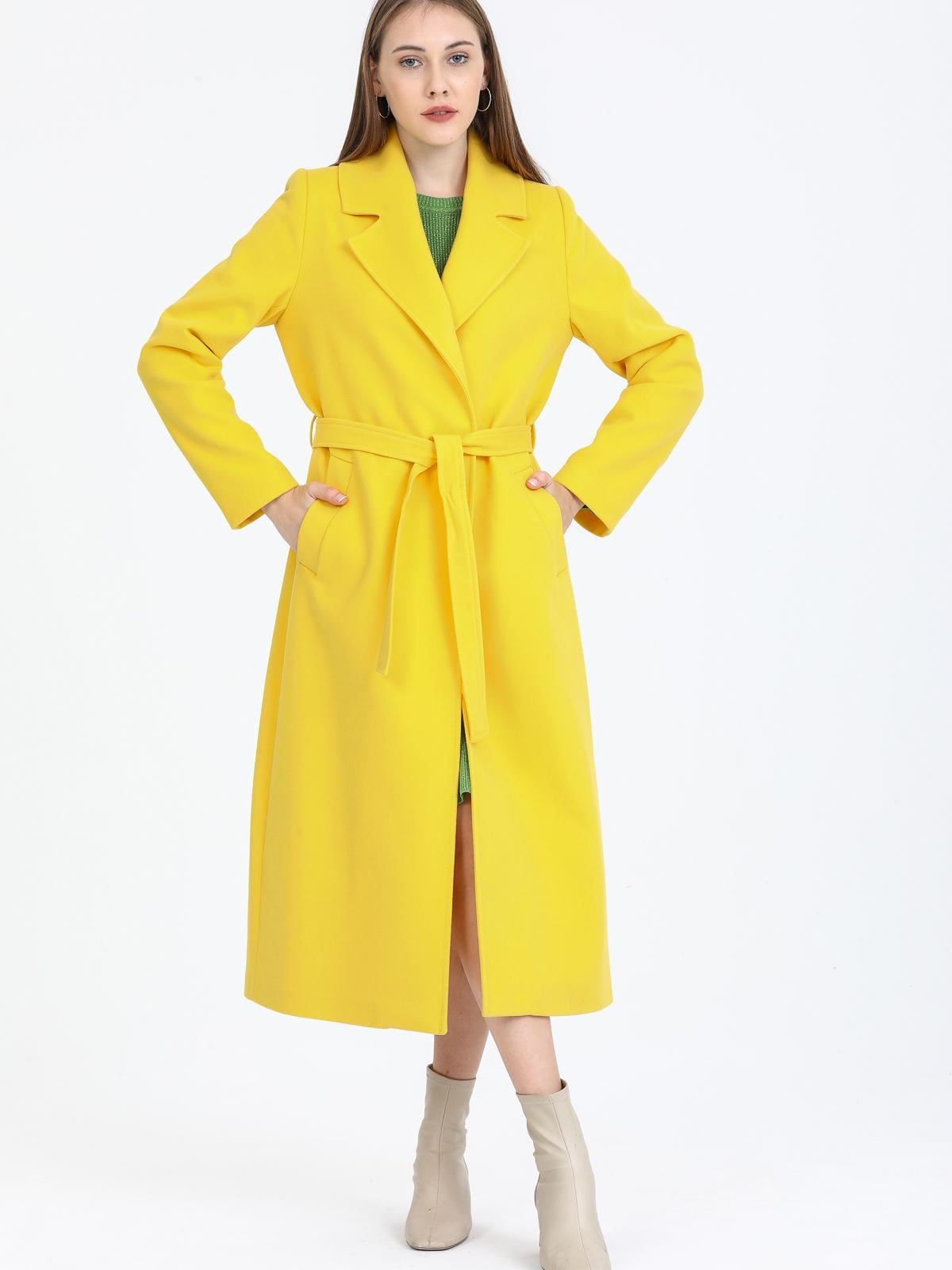 Women Coat With Belt Wholesale Yellow Color