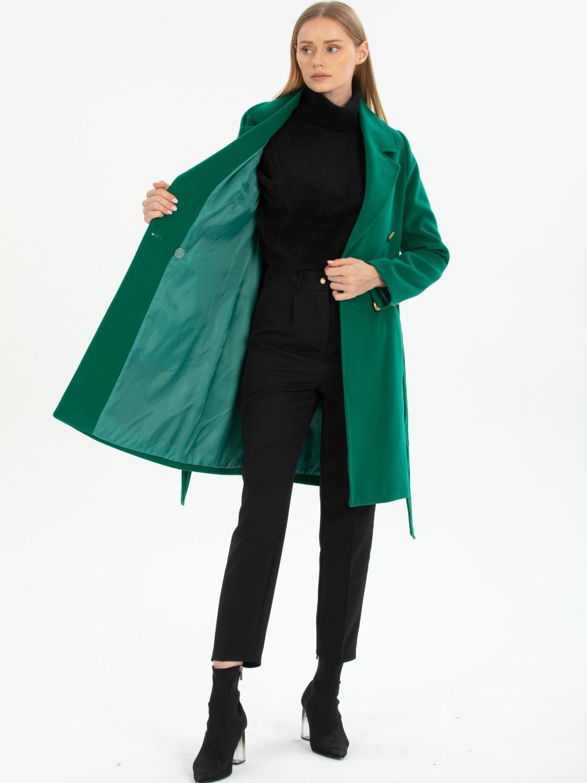 Women four-button coat with belt wholesale Green color