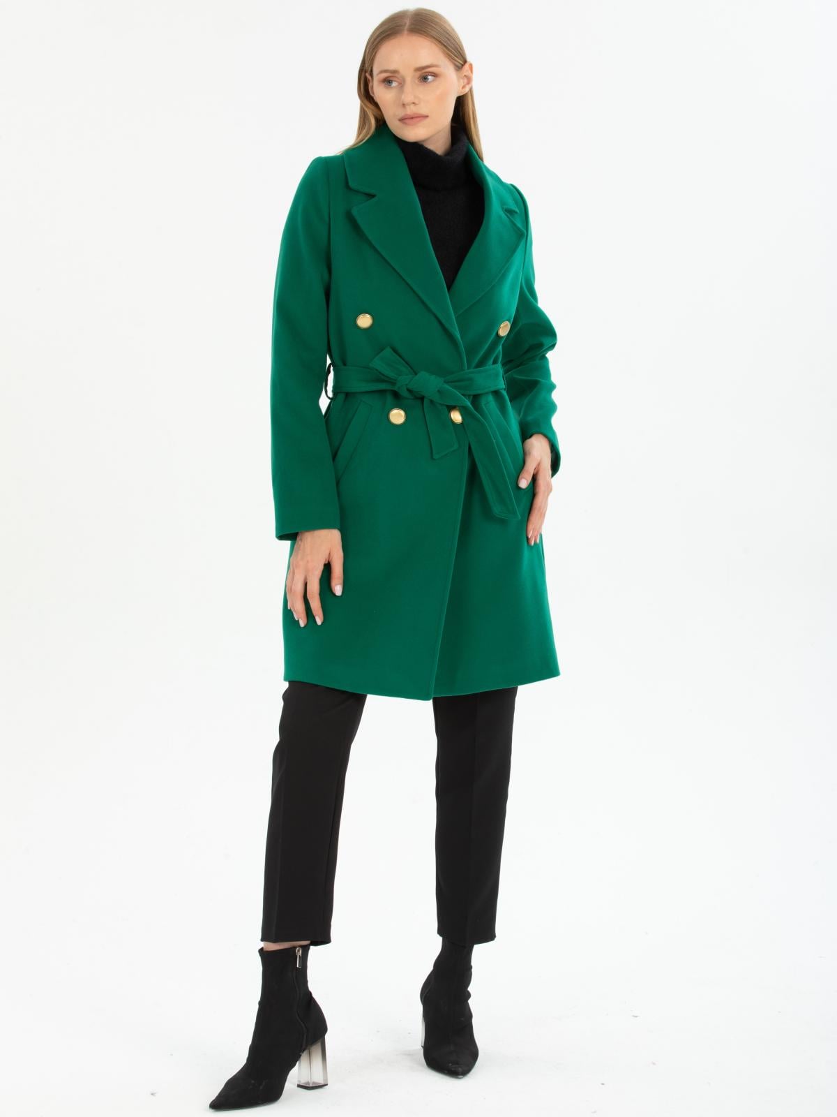 Women four-button coat with belt wholesale Green color