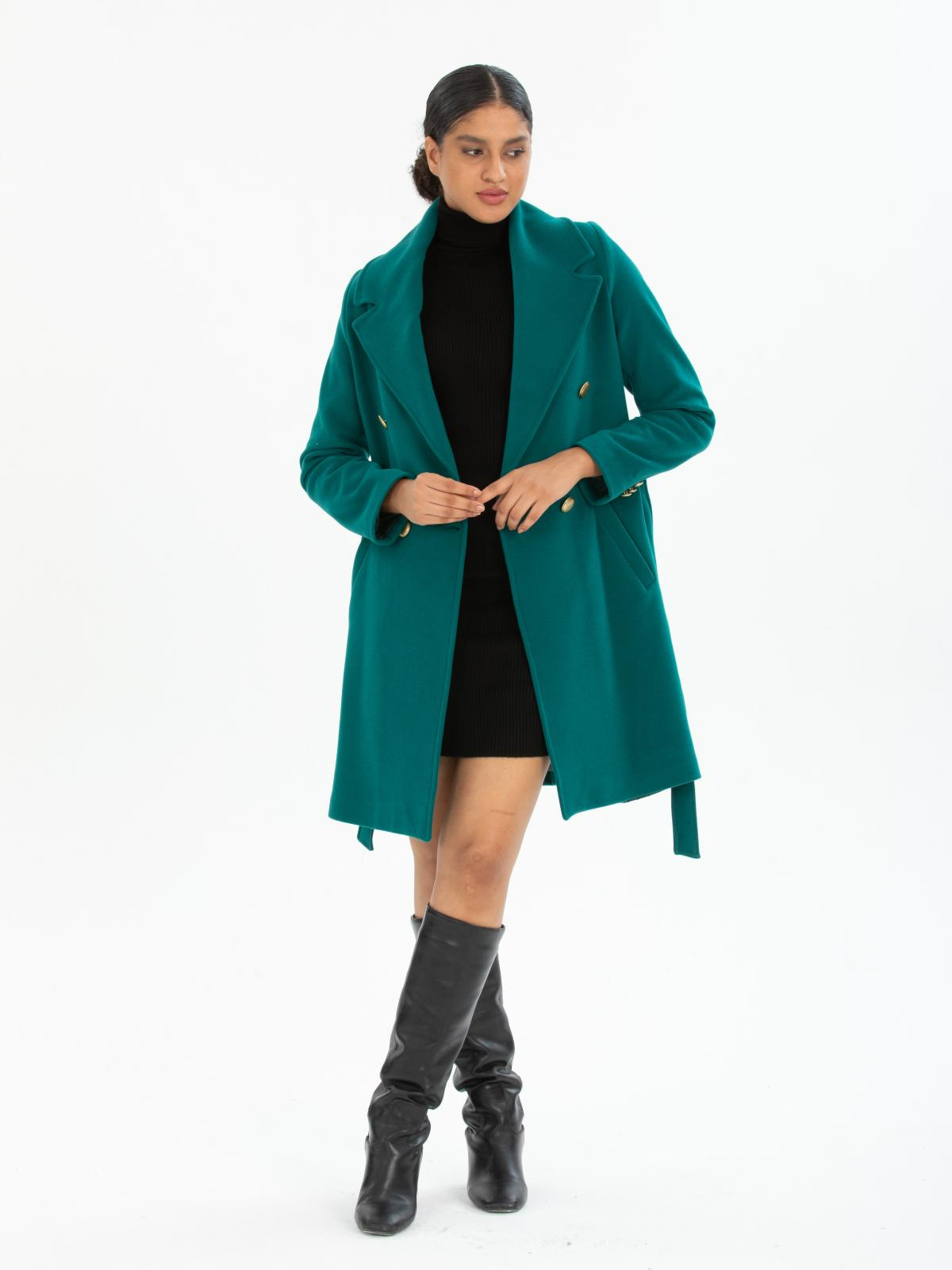 Women four-button coat with belt wholesale Petrol color