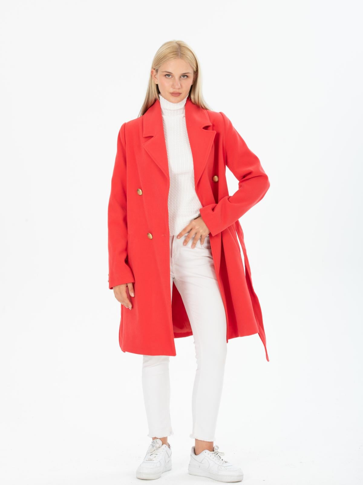 Women Four-Button Coat With Belt Wholesale Coral Color
