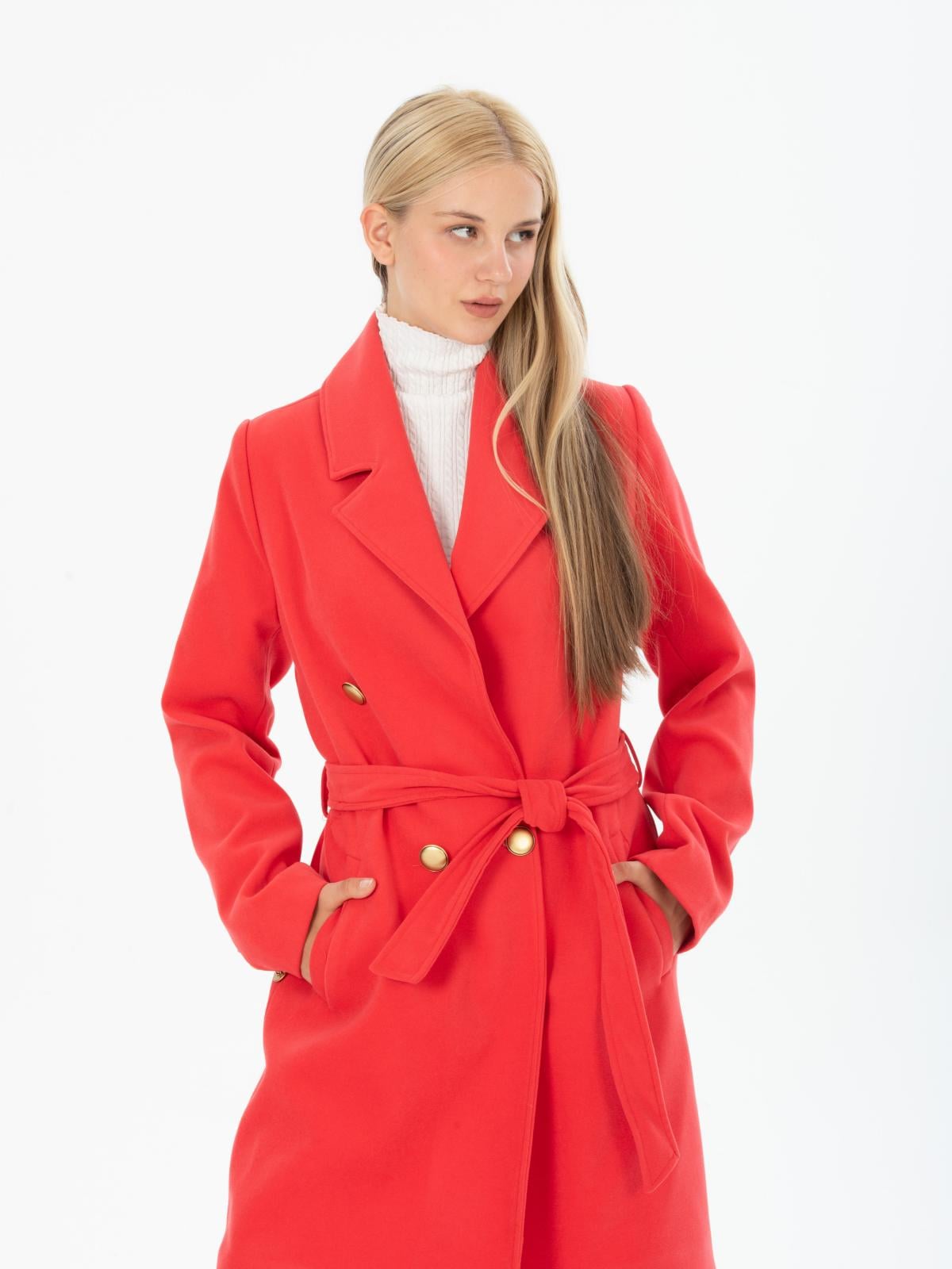 Women Four-Button Coat With Belt Wholesale Coral Color