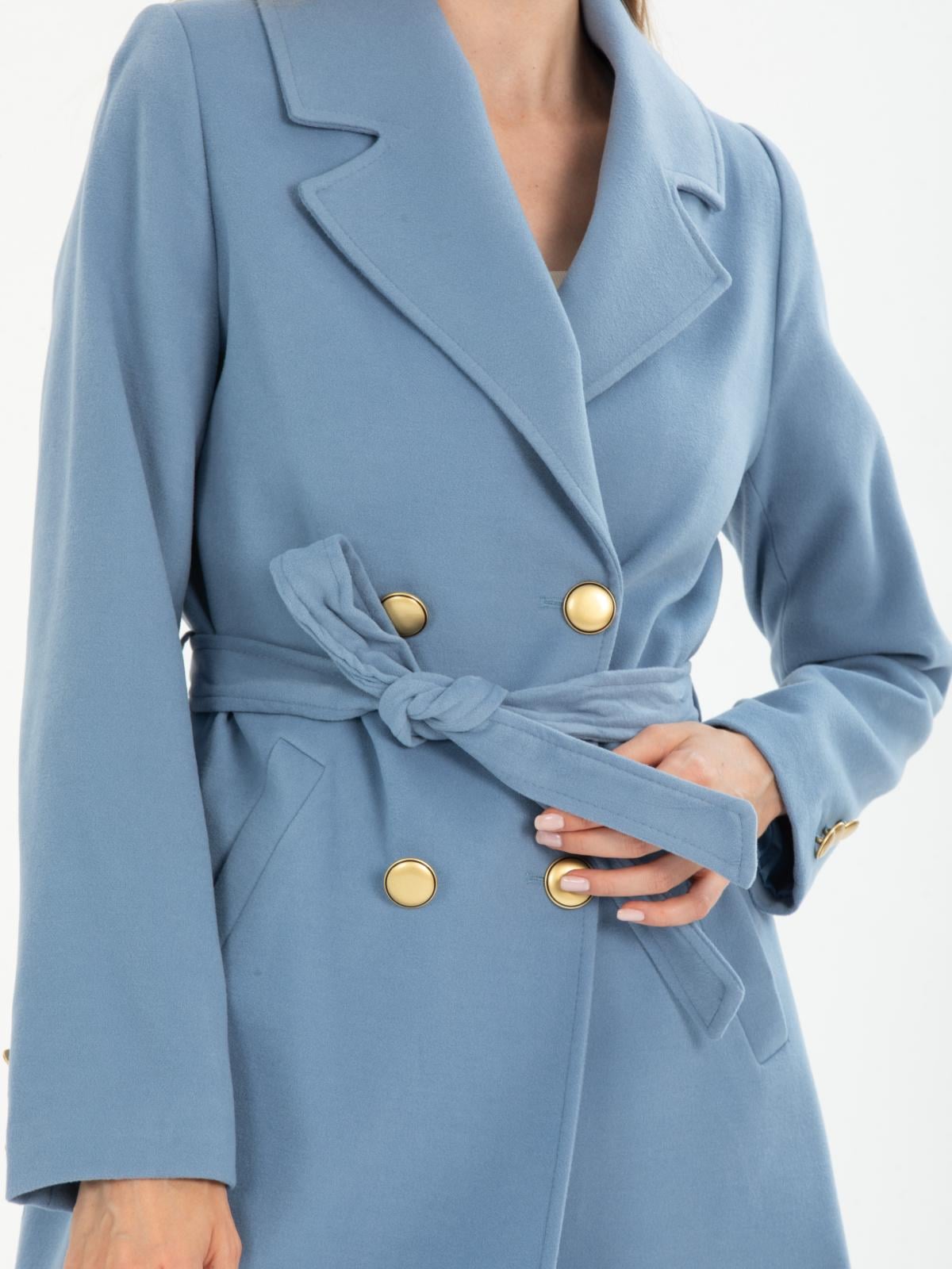 Women four-button coat with belt wholesale Light Blue color