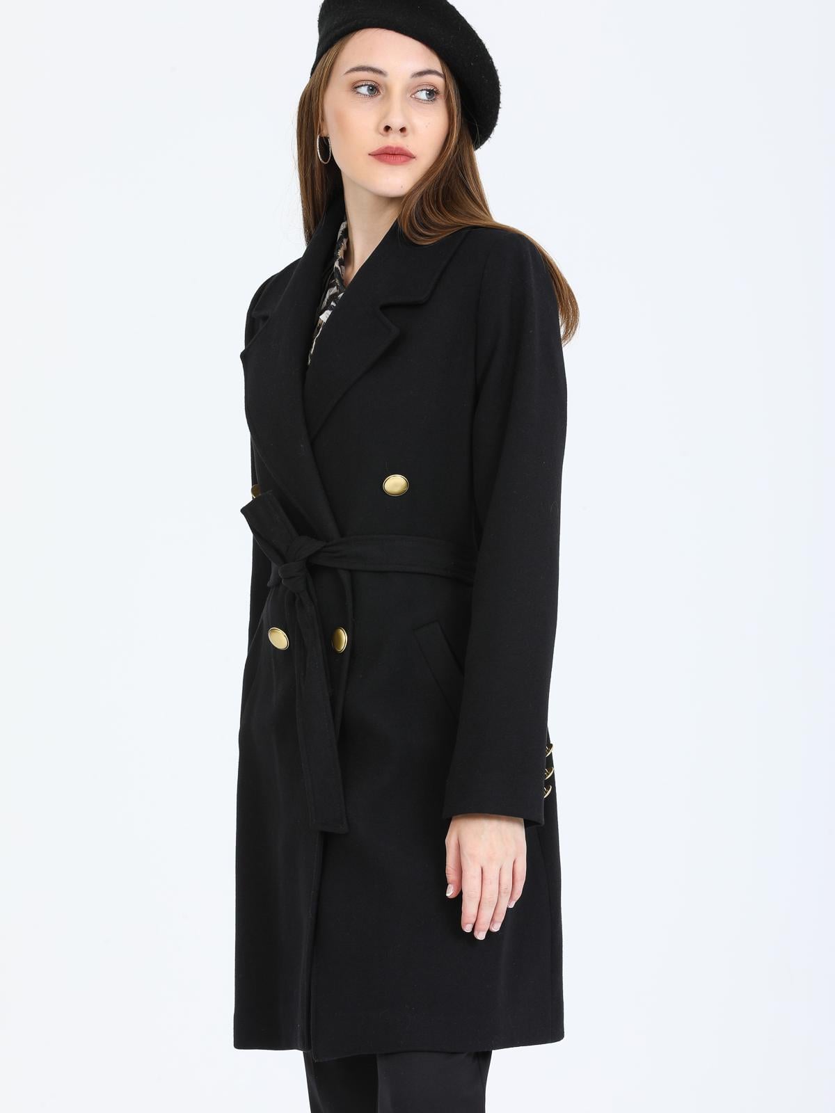 Women Four-Button Coat With Belt Wholesale Black Color