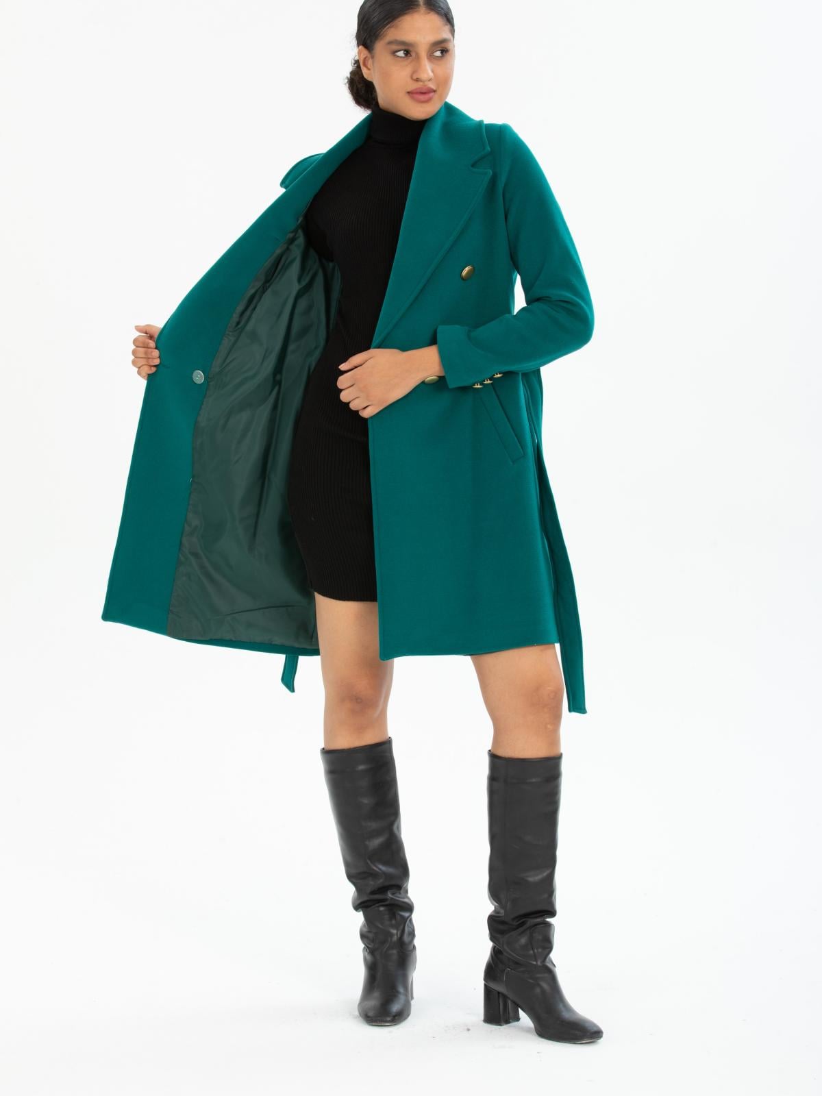 Women four-button coat with belt wholesale Petrol color