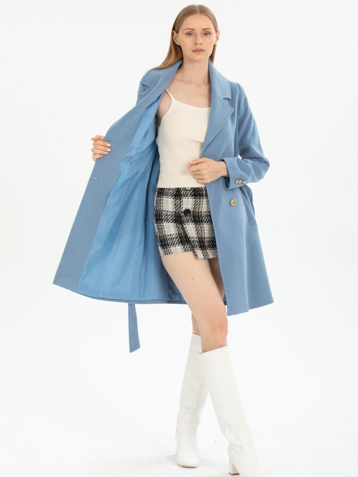 Women four-button coat with belt wholesale Light Blue color