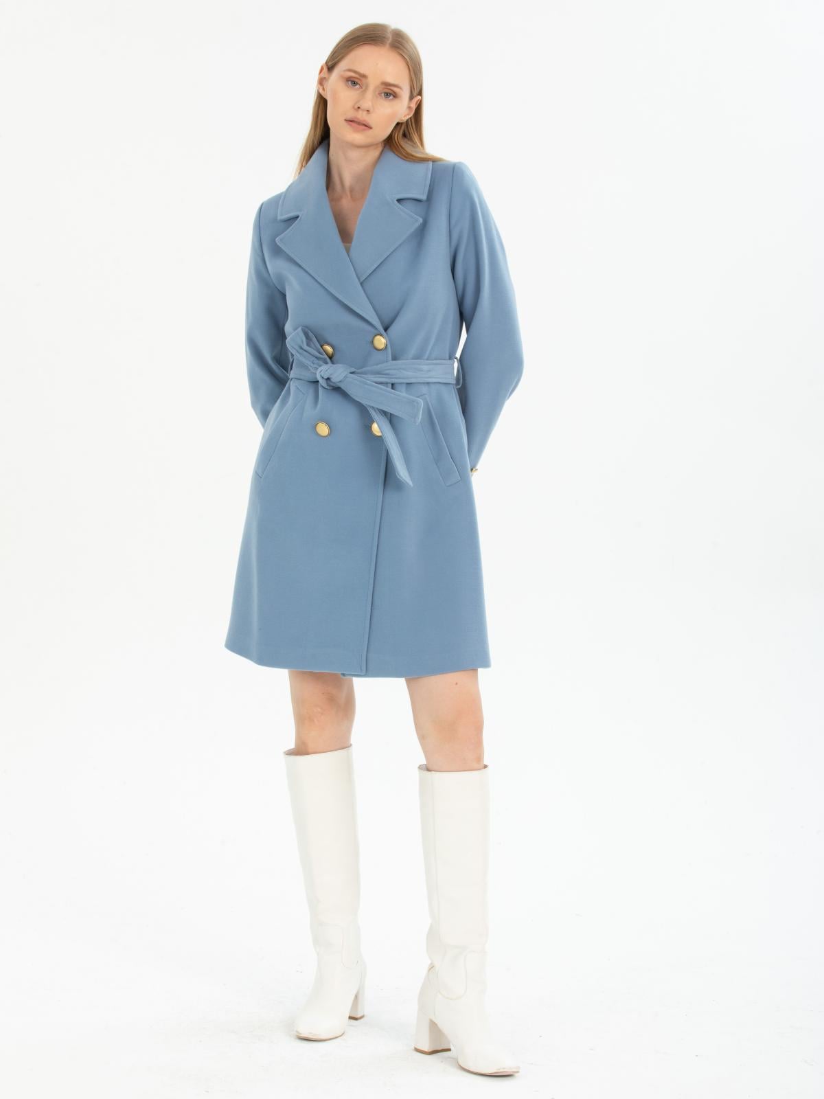 Women four-button coat with belt wholesale Light Blue color