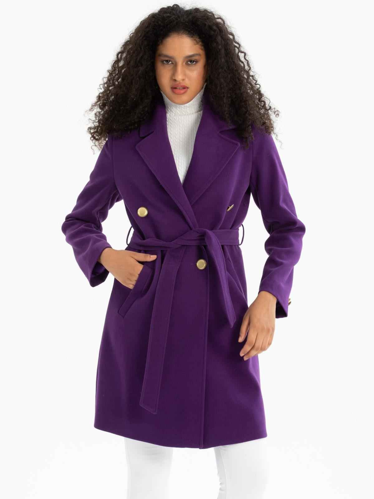 Women four-buttons coat with belt wholesale Purple color 670495