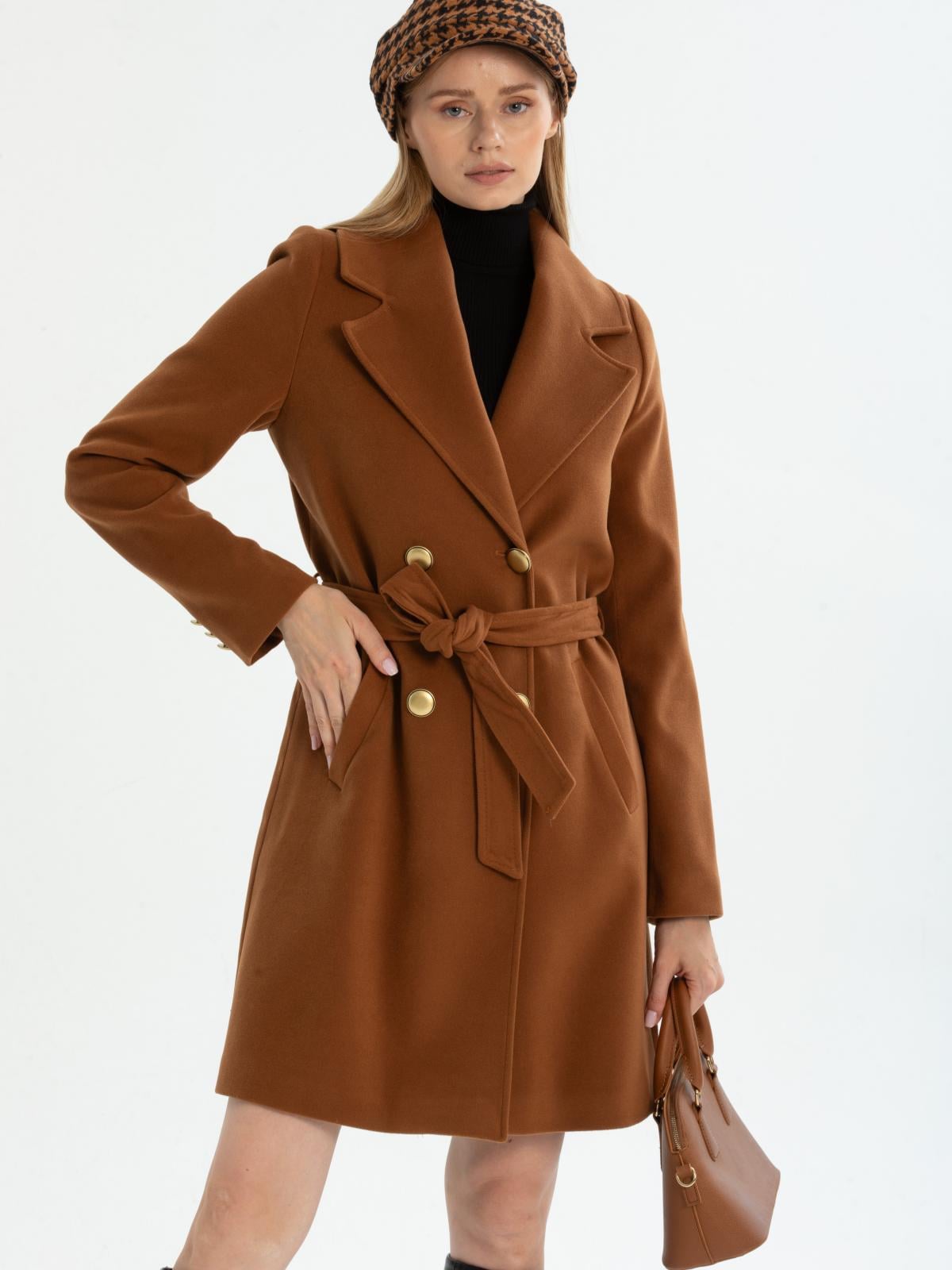 Women four-buttons coat with belt wholesale Camel color 670496