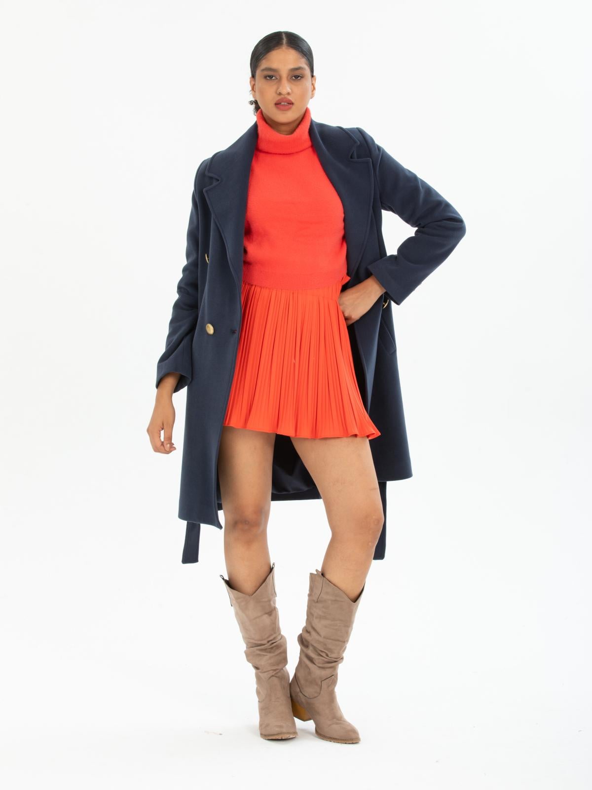 Women four-buttons coat with belt wholesale Navy color 669523