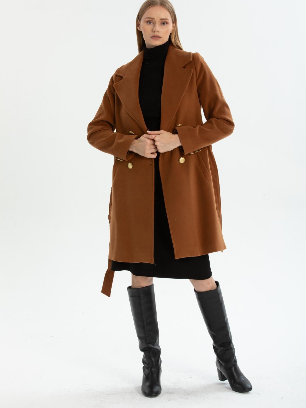 Women four-buttons coat with belt wholesale Camel color 669524
