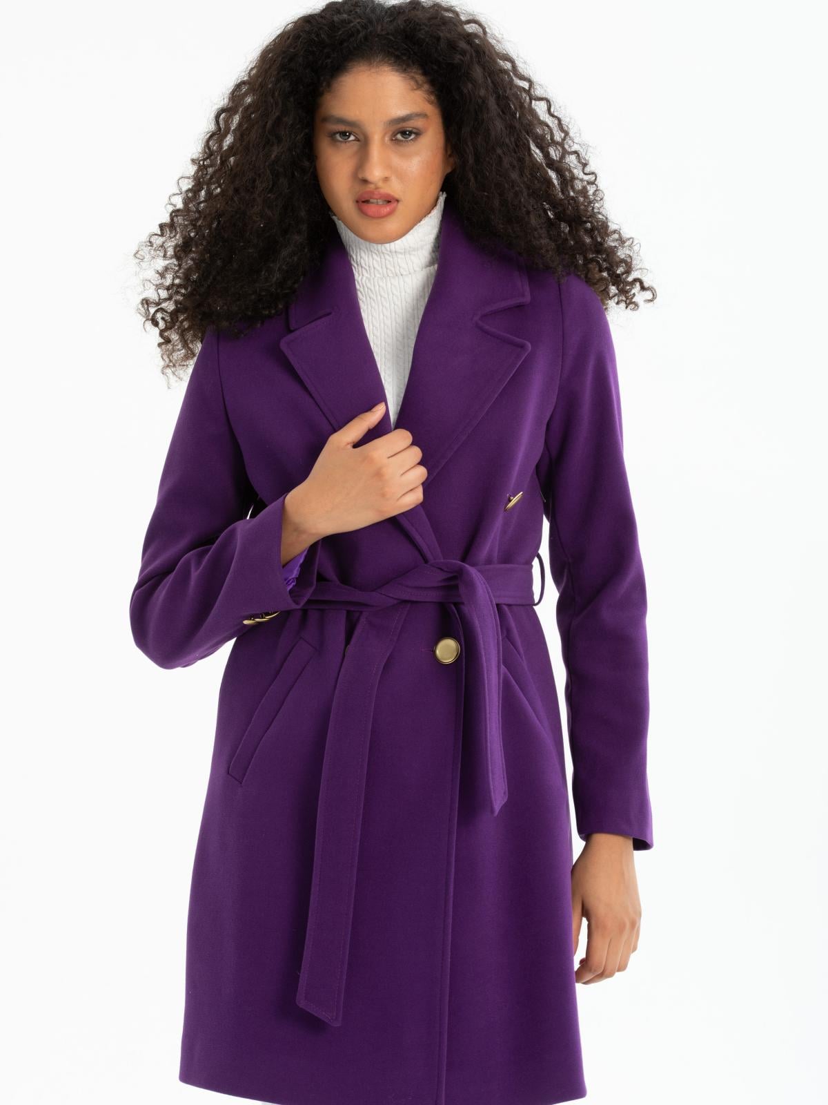Women four-buttons coat with belt wholesale Purple color 670495