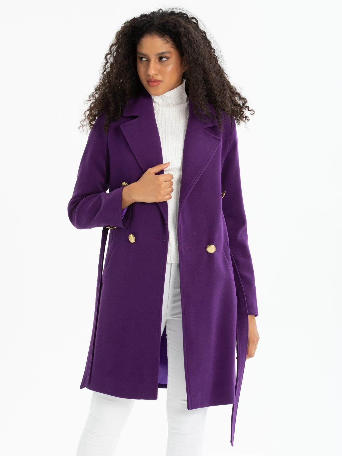 Women four-buttons coat with belt wholesale Purple color 670495