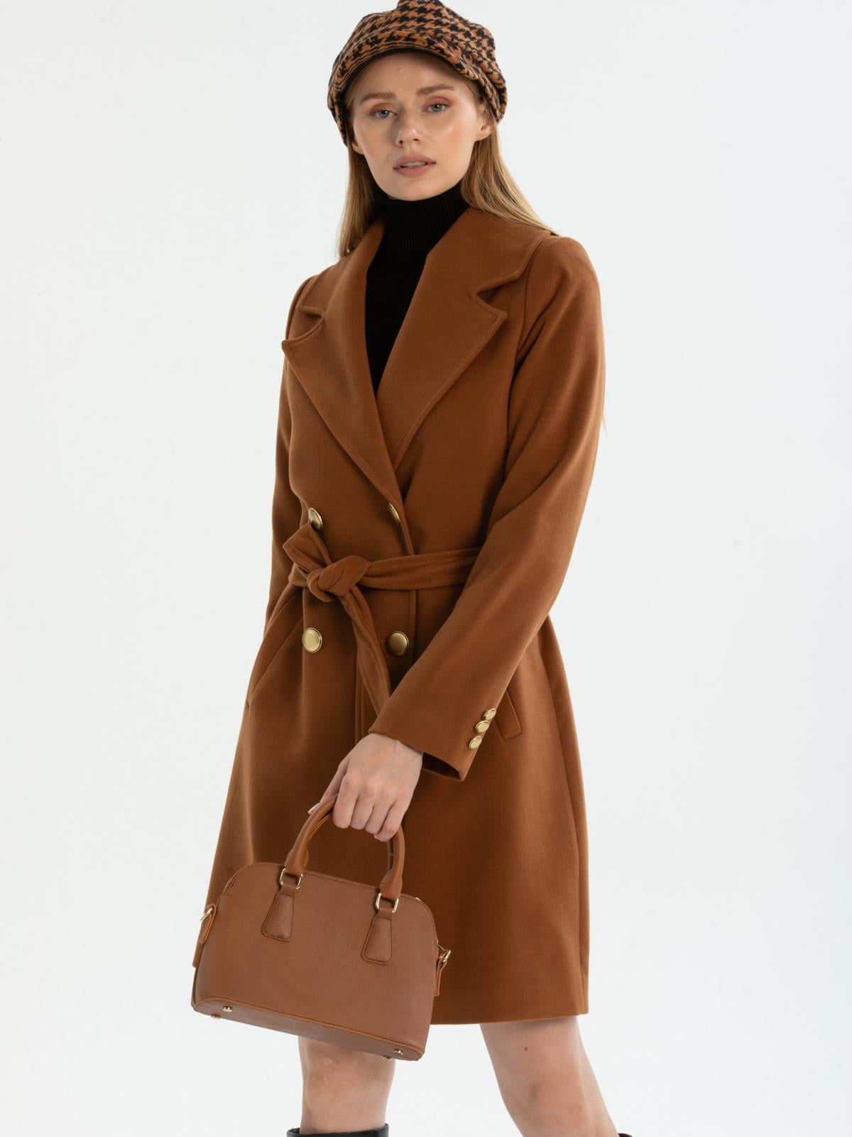Women four-buttons coat with belt wholesale Camel color 670496