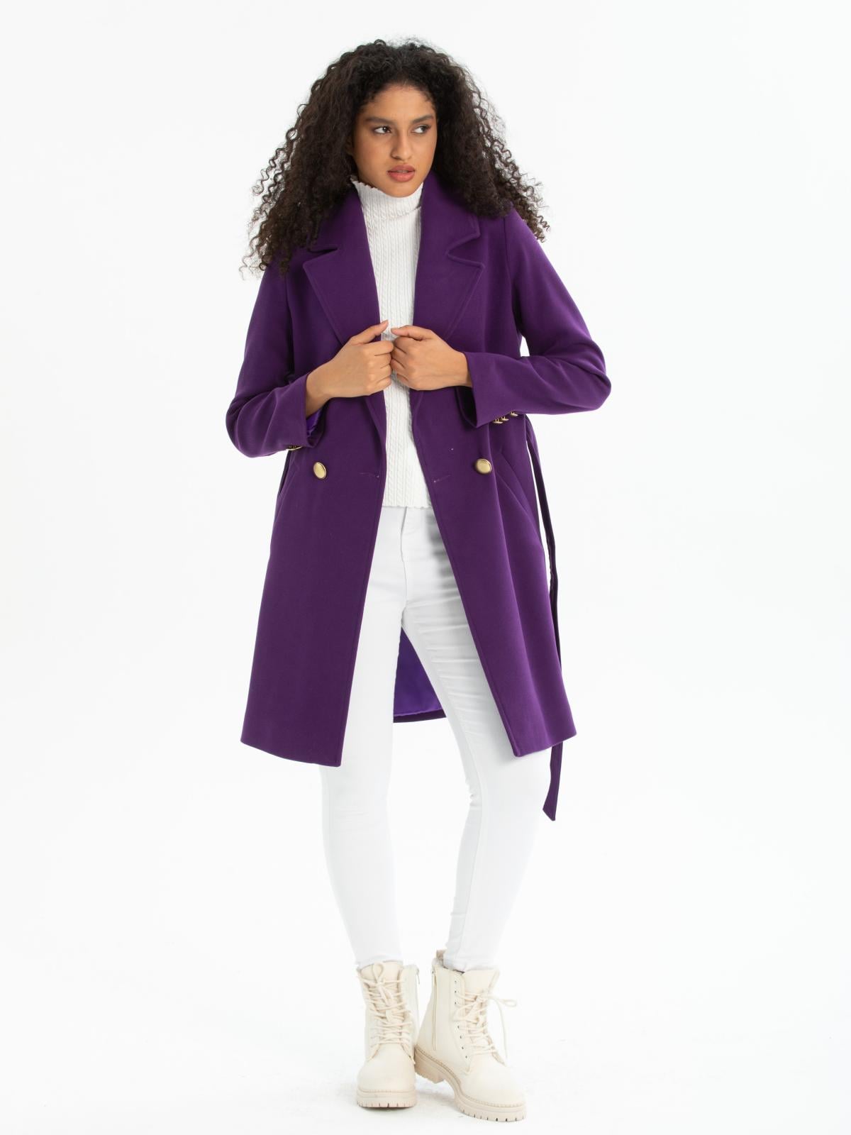 Women four-buttons coat with belt wholesale Purple color 670495