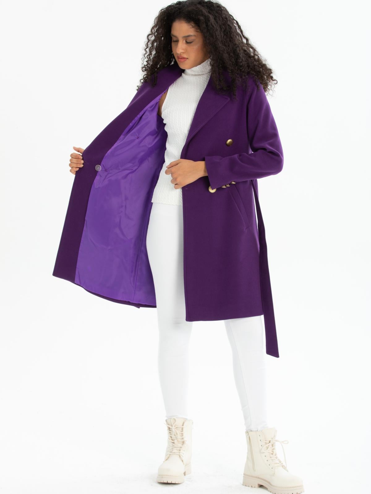 Women four-buttons coat with belt wholesale Purple color 670495