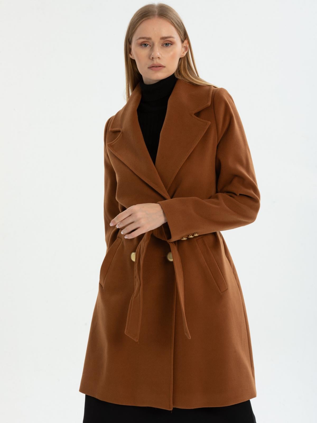Women four-buttons coat with belt wholesale Camel color 669524