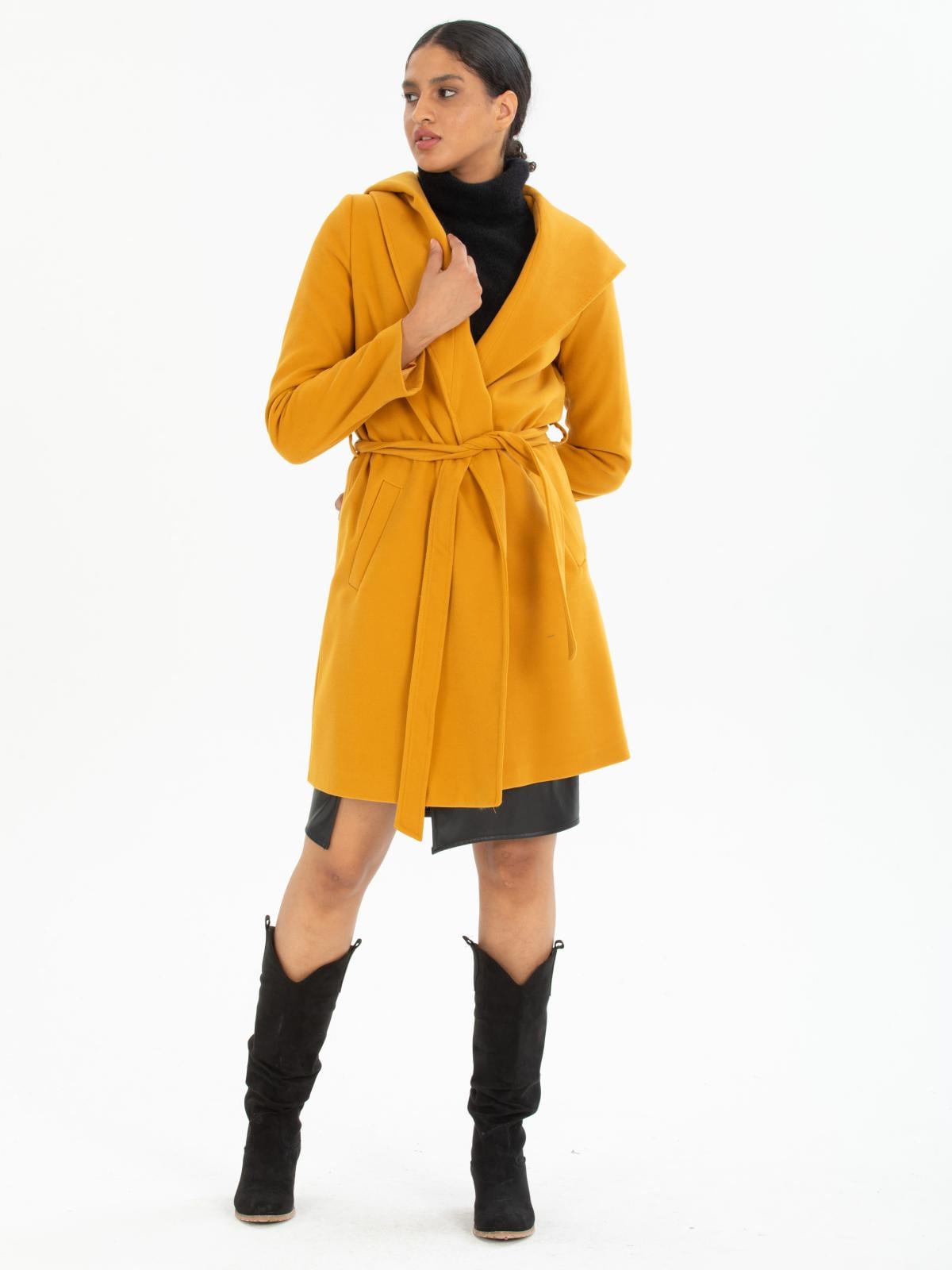 Women hooded coat with belt wholesale Mustard color