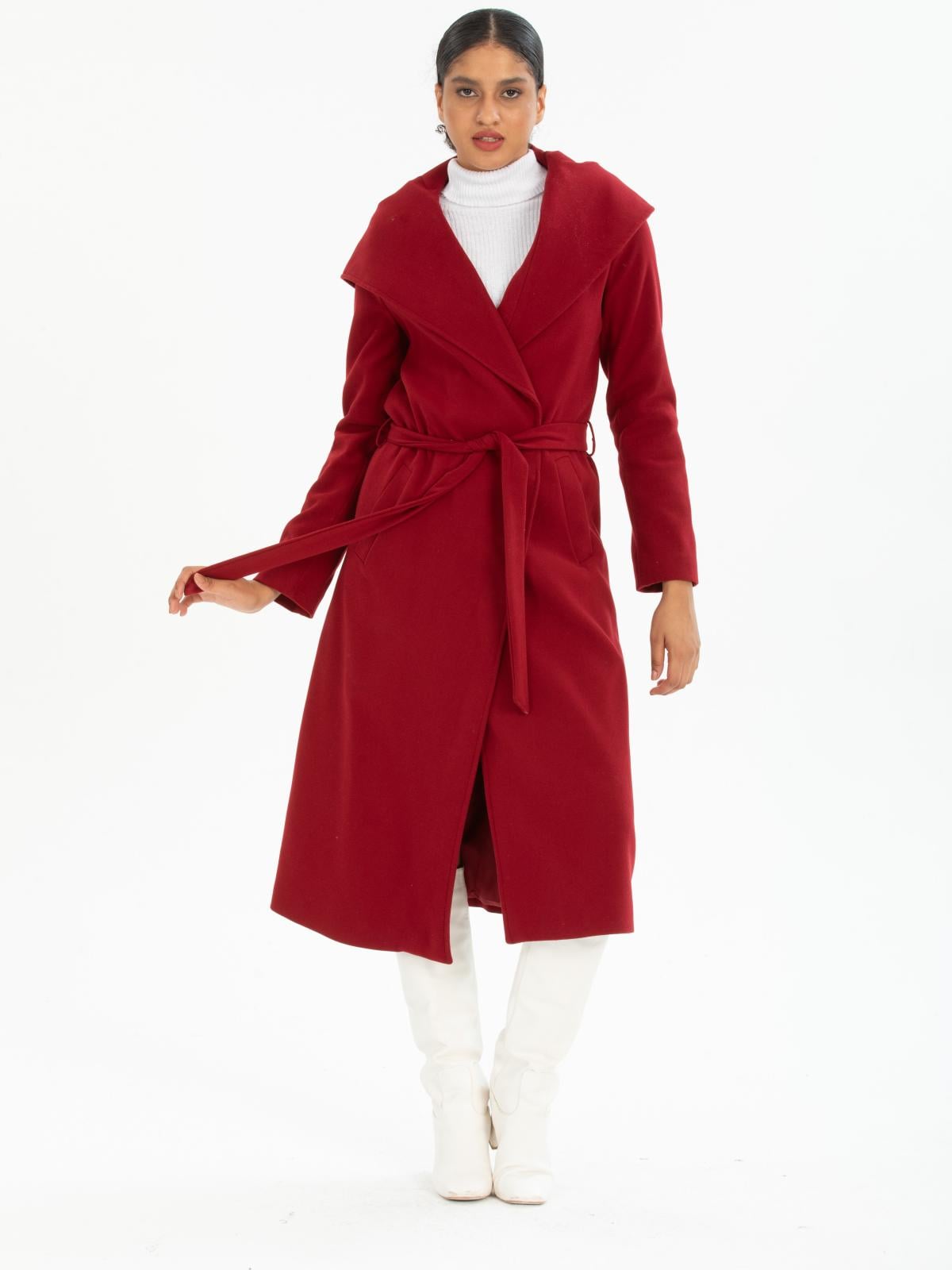 Women hooded coat with belt wholesale Burgundy color 670500