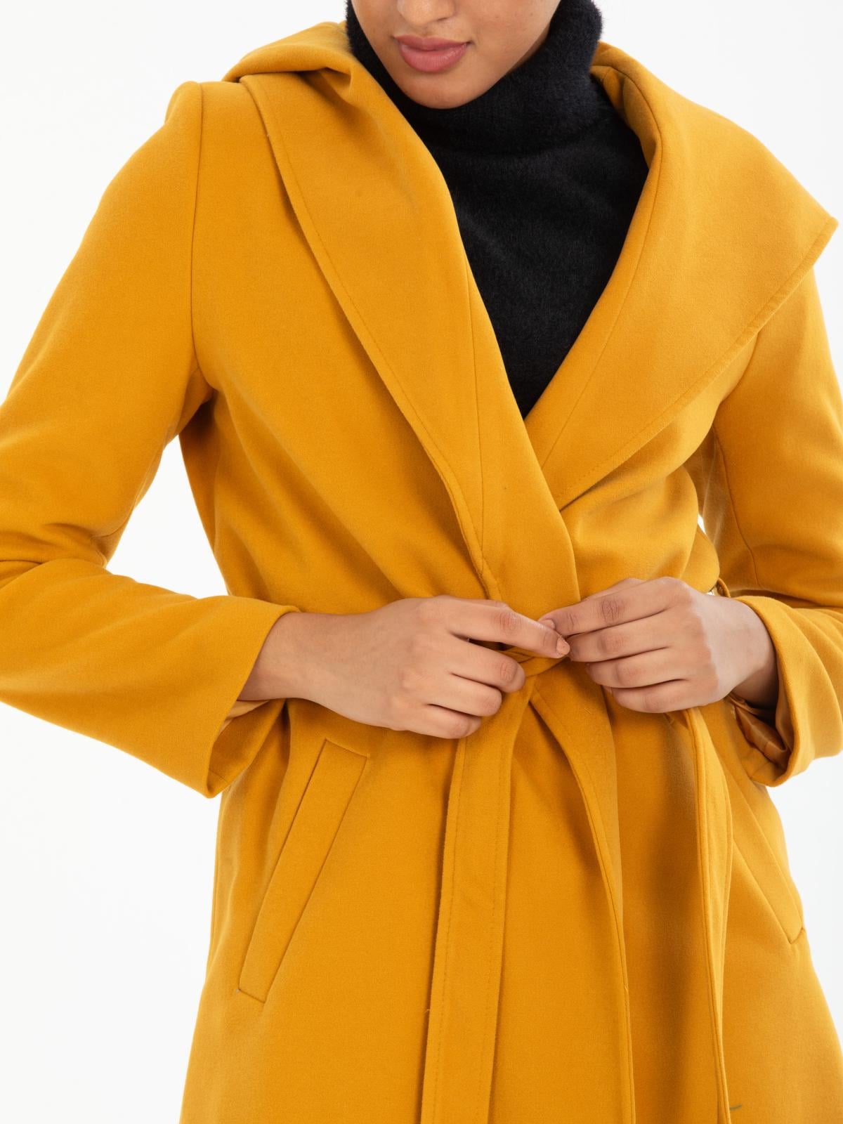 Women hooded coat with belt wholesale Mustard color