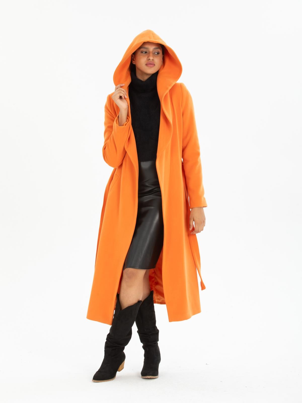 Women hooded coat with belt wholesale Orange color