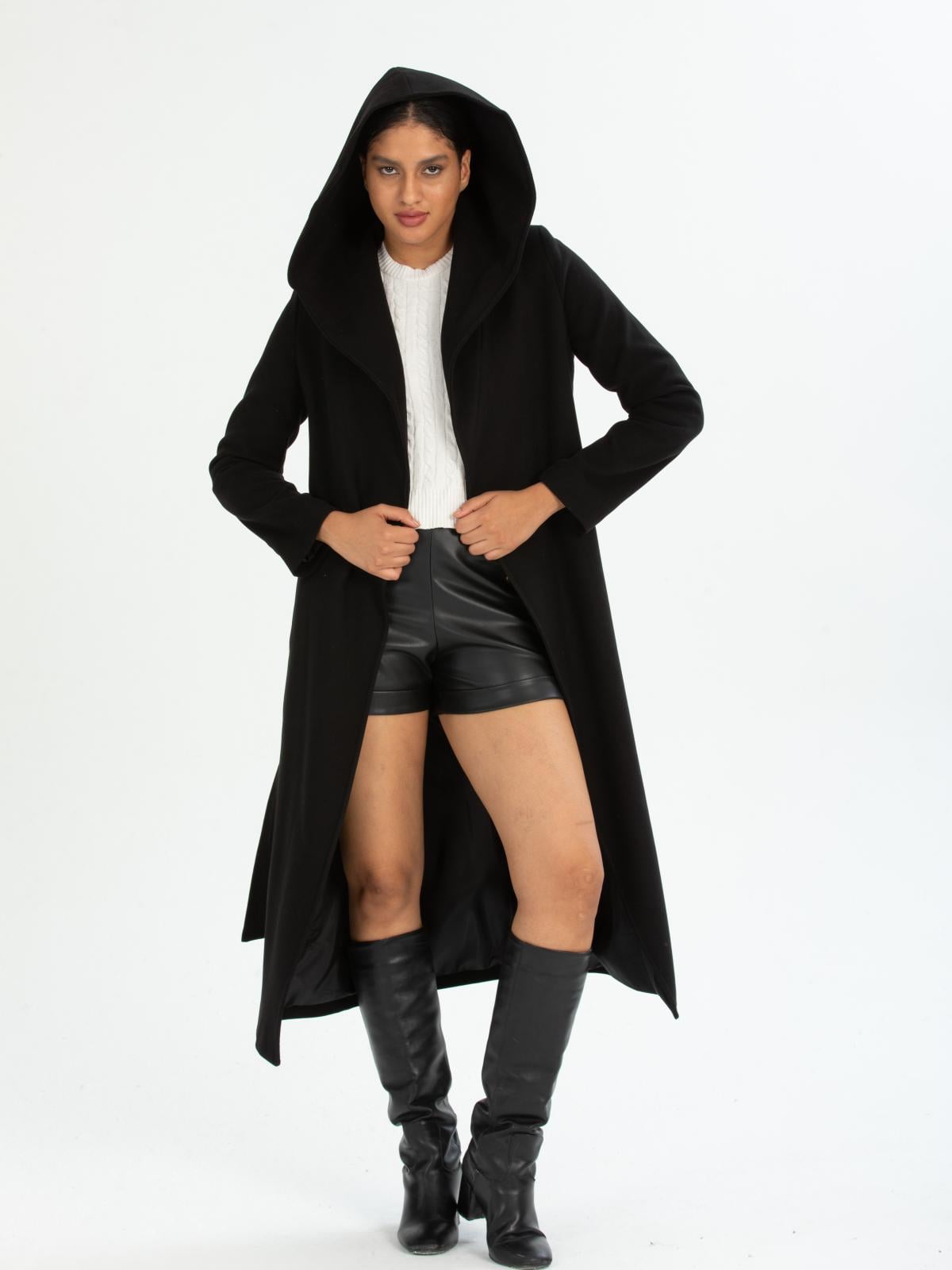 Women hooded coat with belt wholesale Black color