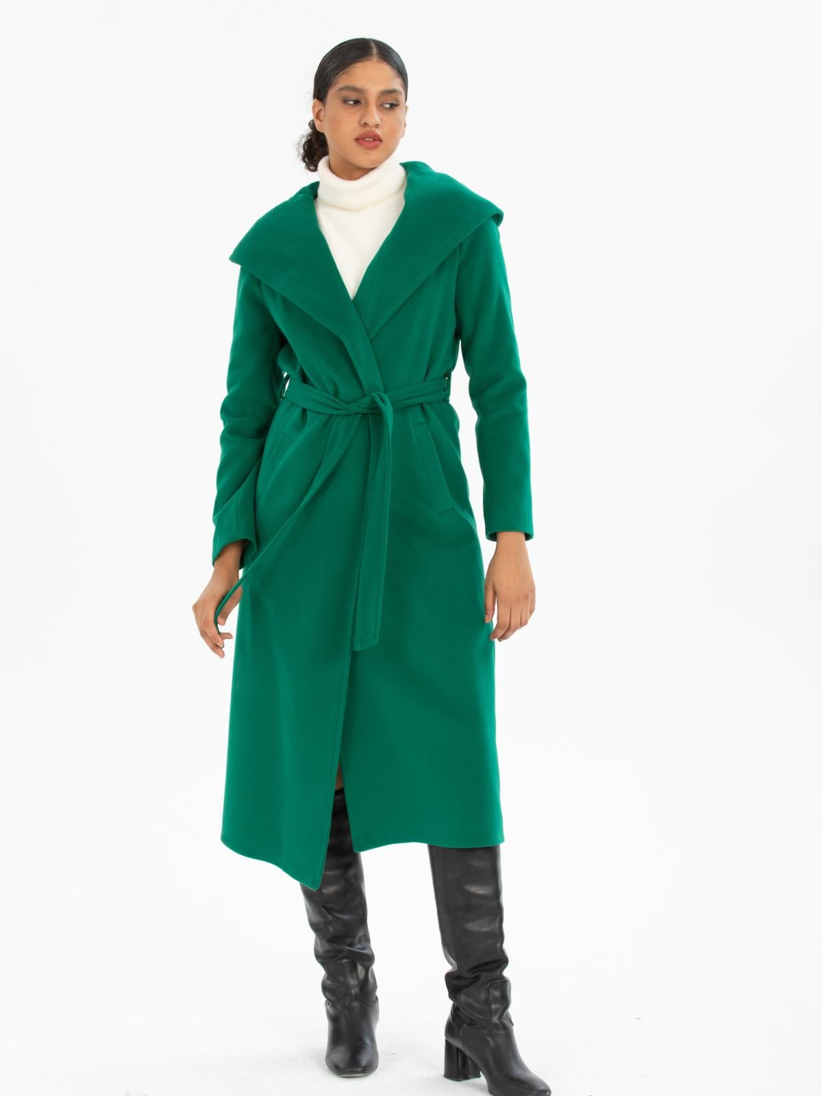 Women hooded coat with belt wholesale Green color 670499