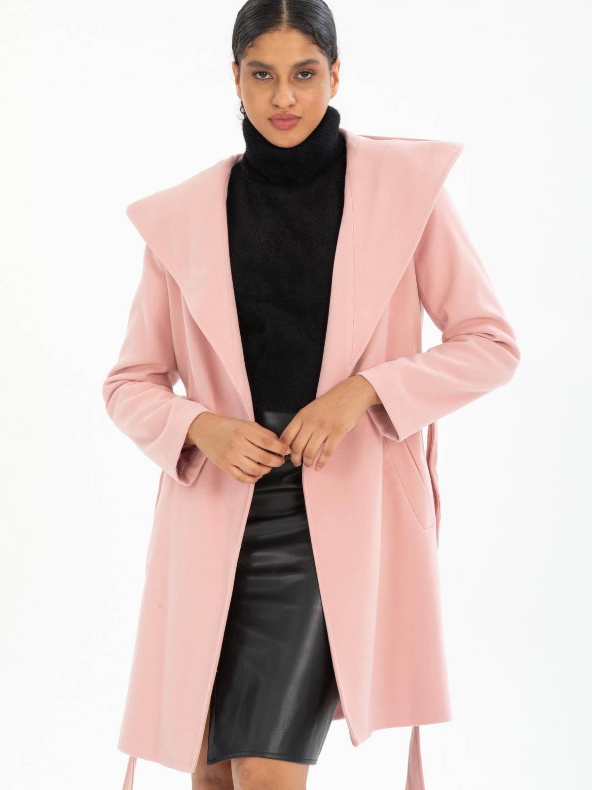 Women hooded coat with belt wholesale Baby Pink color