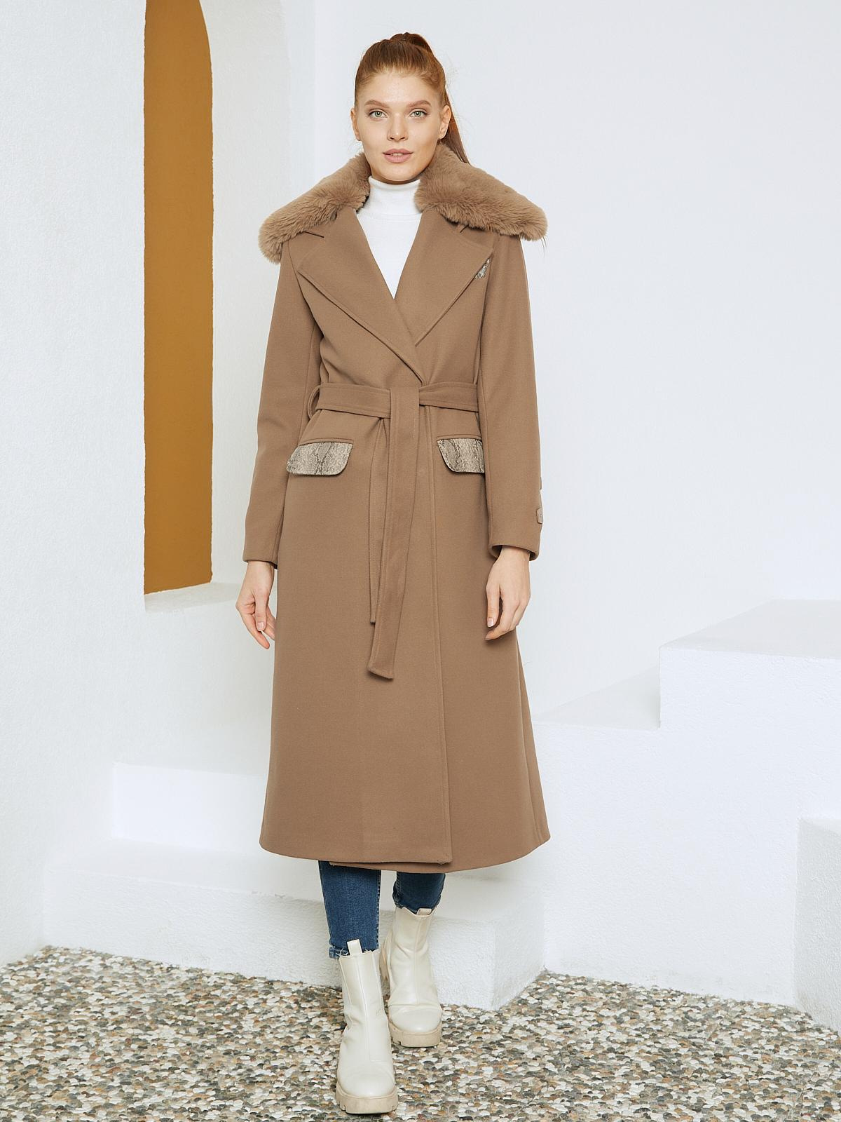 Women knee-length coat with removable fur collar wholesale Sandalwood color 679708