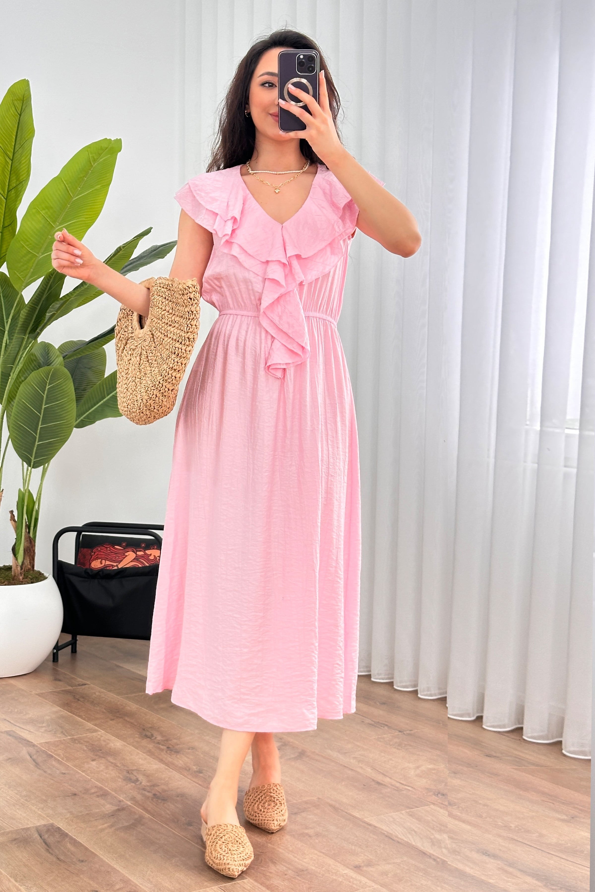 Yaka Fırfırlı Toptan Pembe Uzun Elbise