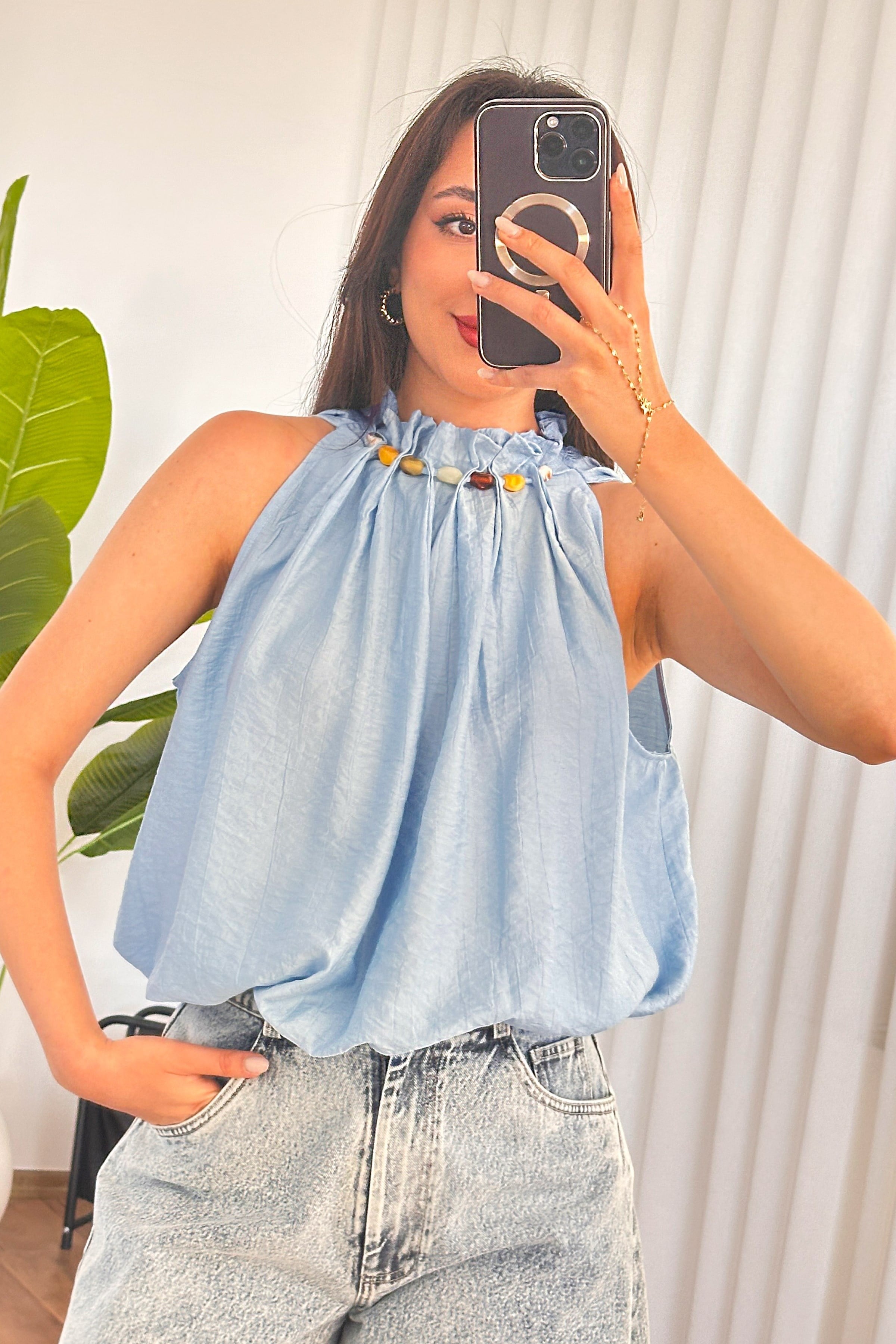 Yakası Boncuklu Balon Model Toptan Bebe Mavisi Bluz