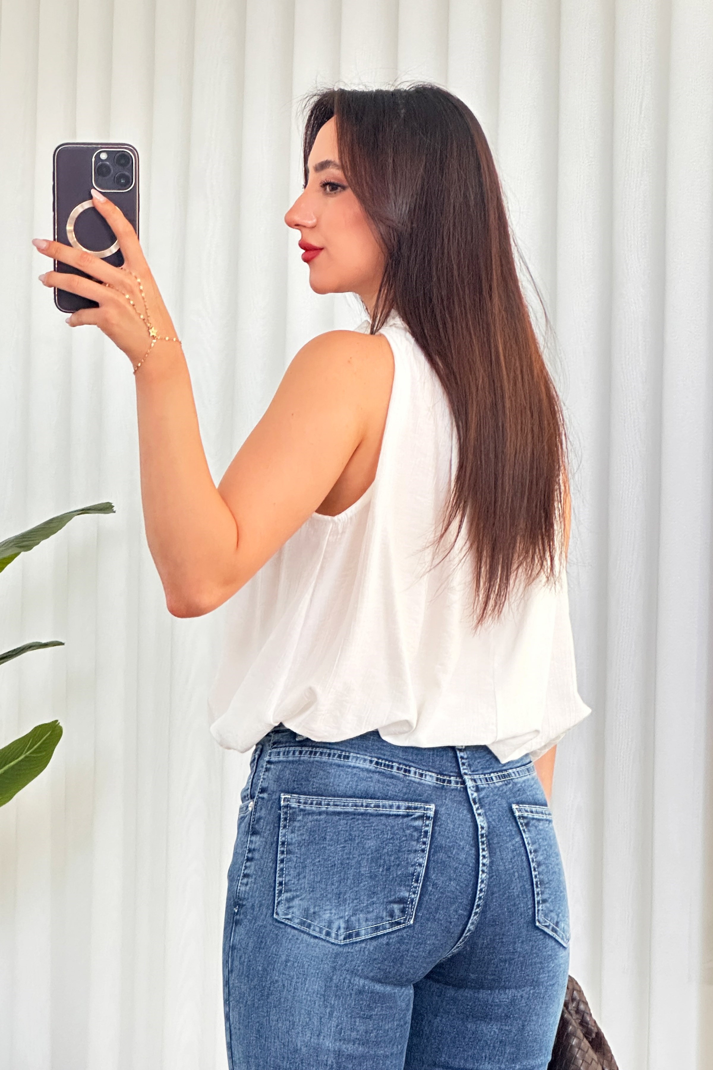 Yakası Boncuklu Balon Model Toptan Beyaz Bluz