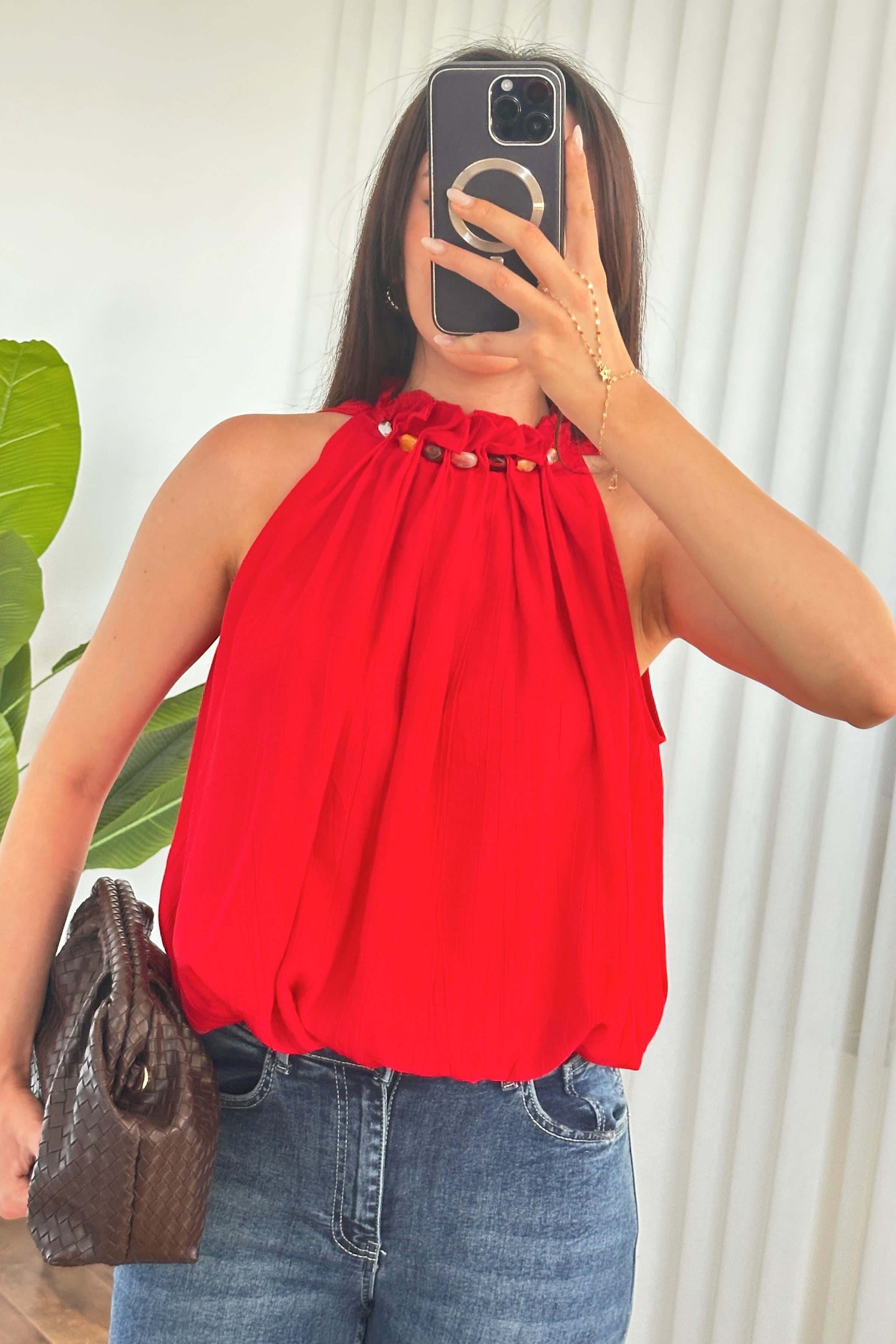 Yakası Boncuklu Balon Model Toptan Kırmızı Bluz