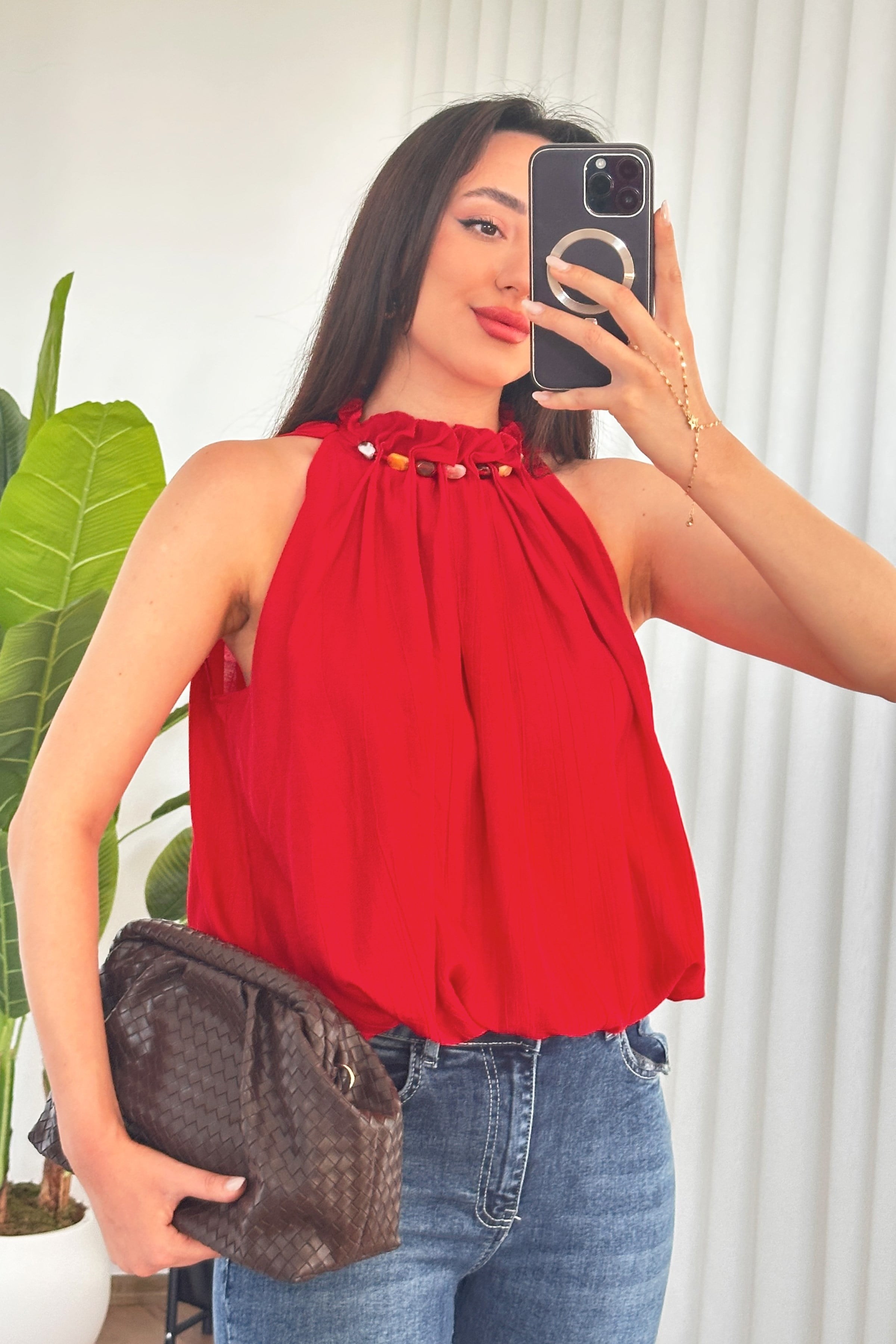 Yakası Boncuklu Balon Model Toptan Kırmızı Bluz