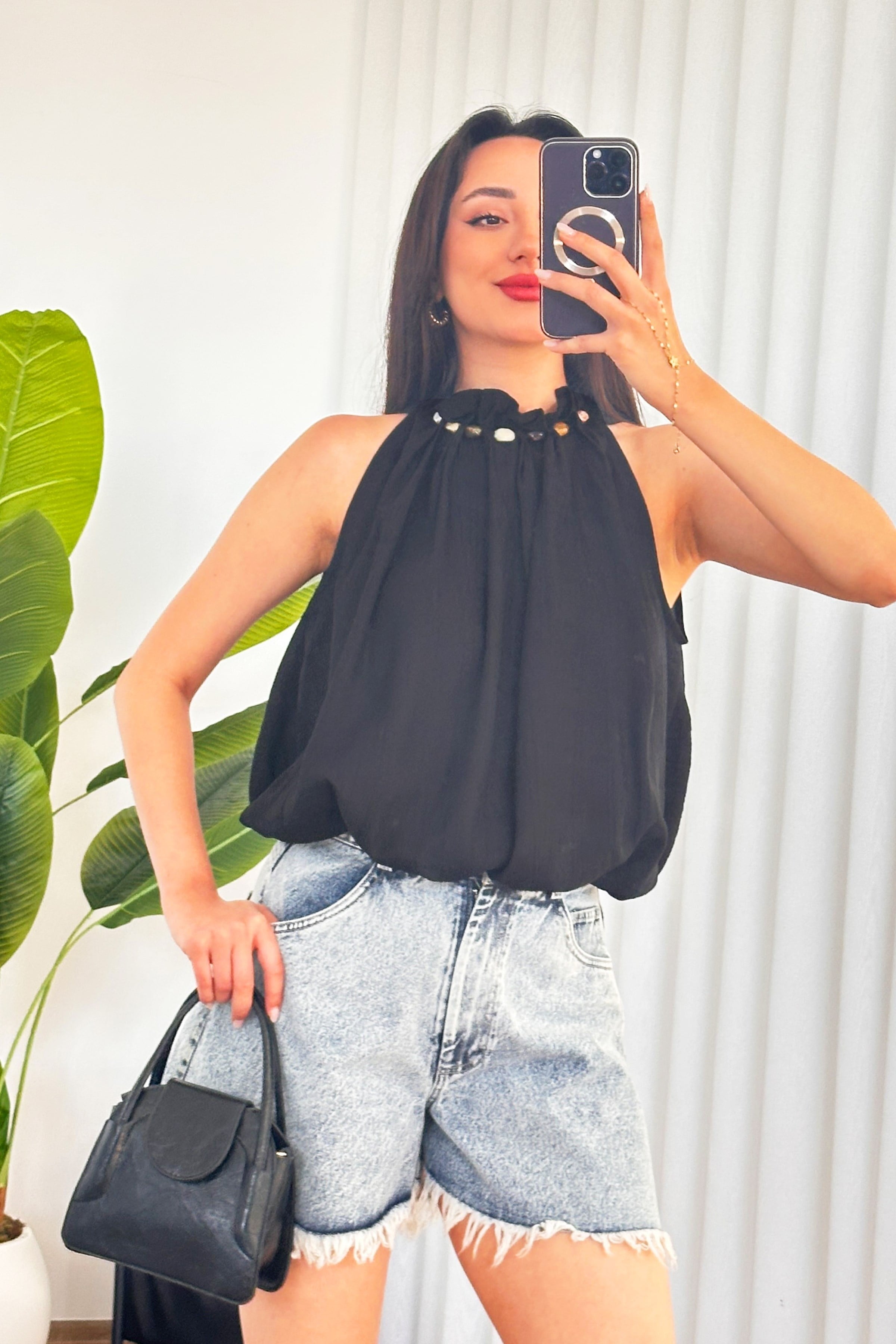 Yakası Boncuklu Balon Model Toptan Siyah Bluz